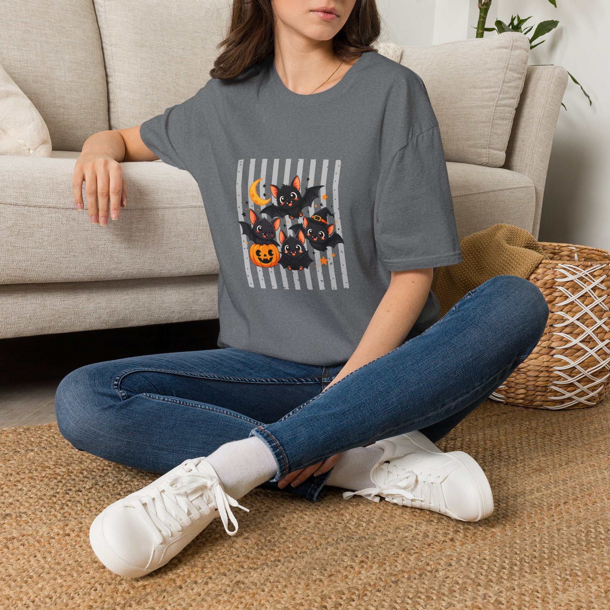Halloween Bats Pumpkin Moon T-Shirt — Cute Spooky Gift for Women Graphic Tee