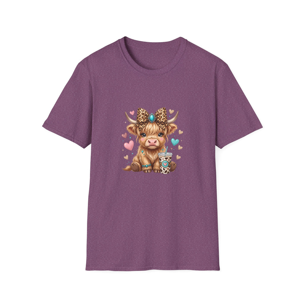 Highland Cow Leopard Bow T-Shirt — Cute Funny Gift for Her Hearts Graphic Tee