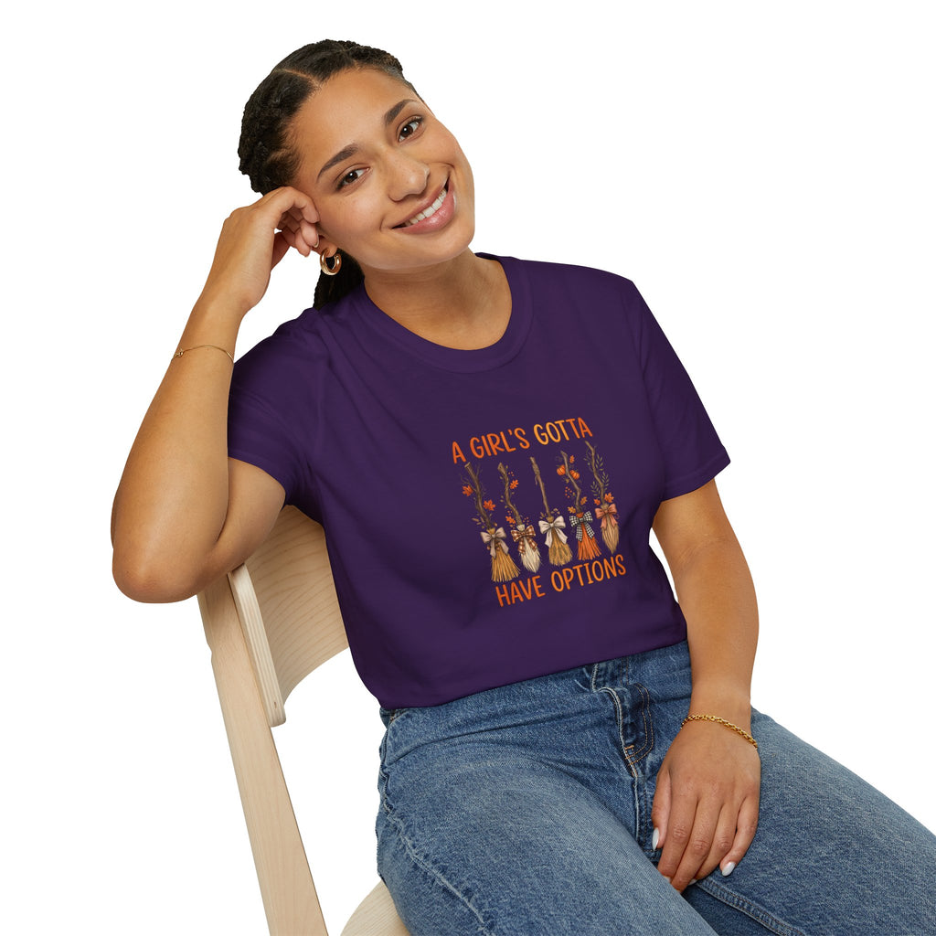 A Girl's Gotta Have Options Witch Brooms T-Shirt — Funny Halloween Gift for Women