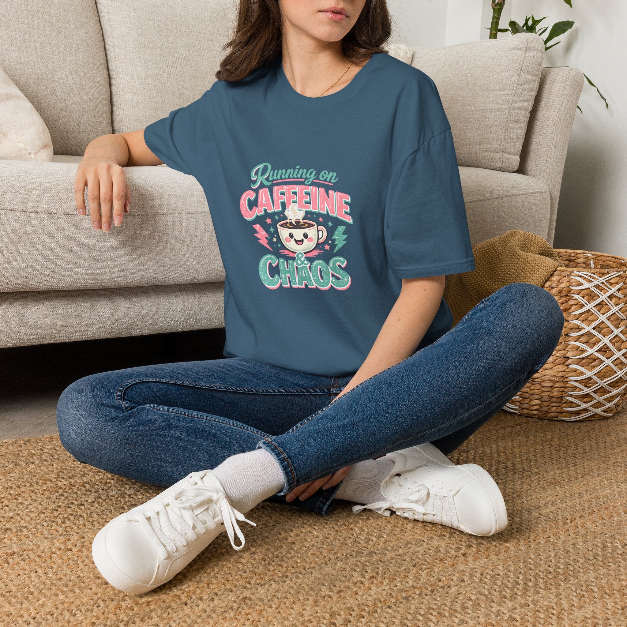 Running on Caffeine & Chaos T-Shirt — Funny Gift for Coffee Loving Moms Graphic Tee
