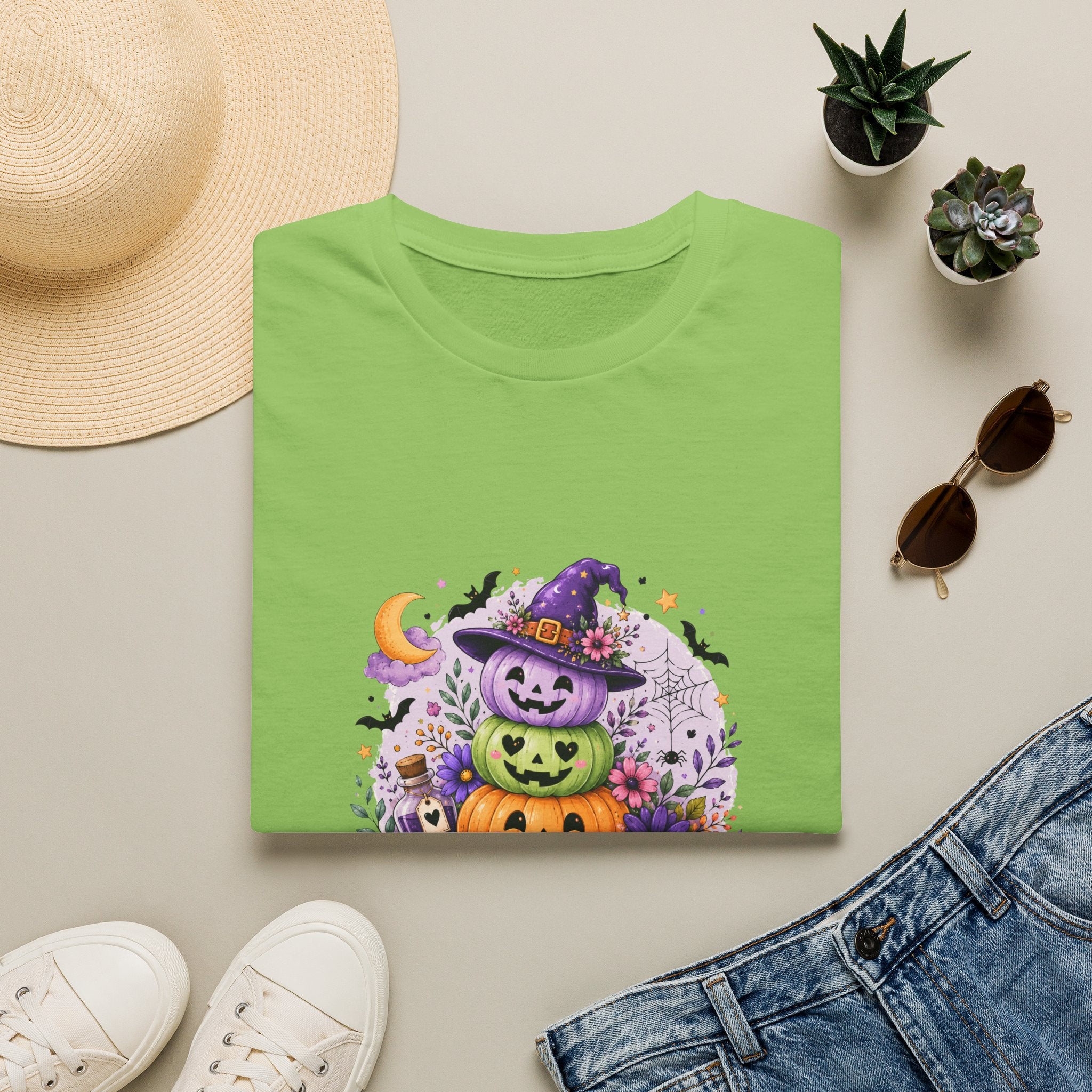 Spooky Season Pumpkin Stack T-Shirt — Cute Halloween Gift for Women Witch Hat Tee