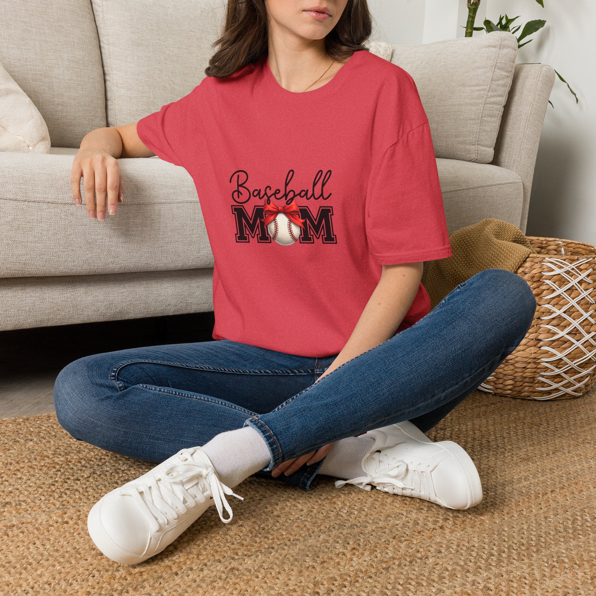 Baseball Mom T-Shirt — Cute Red Bow Gift for Sports Moms Game Day Graphic Tee