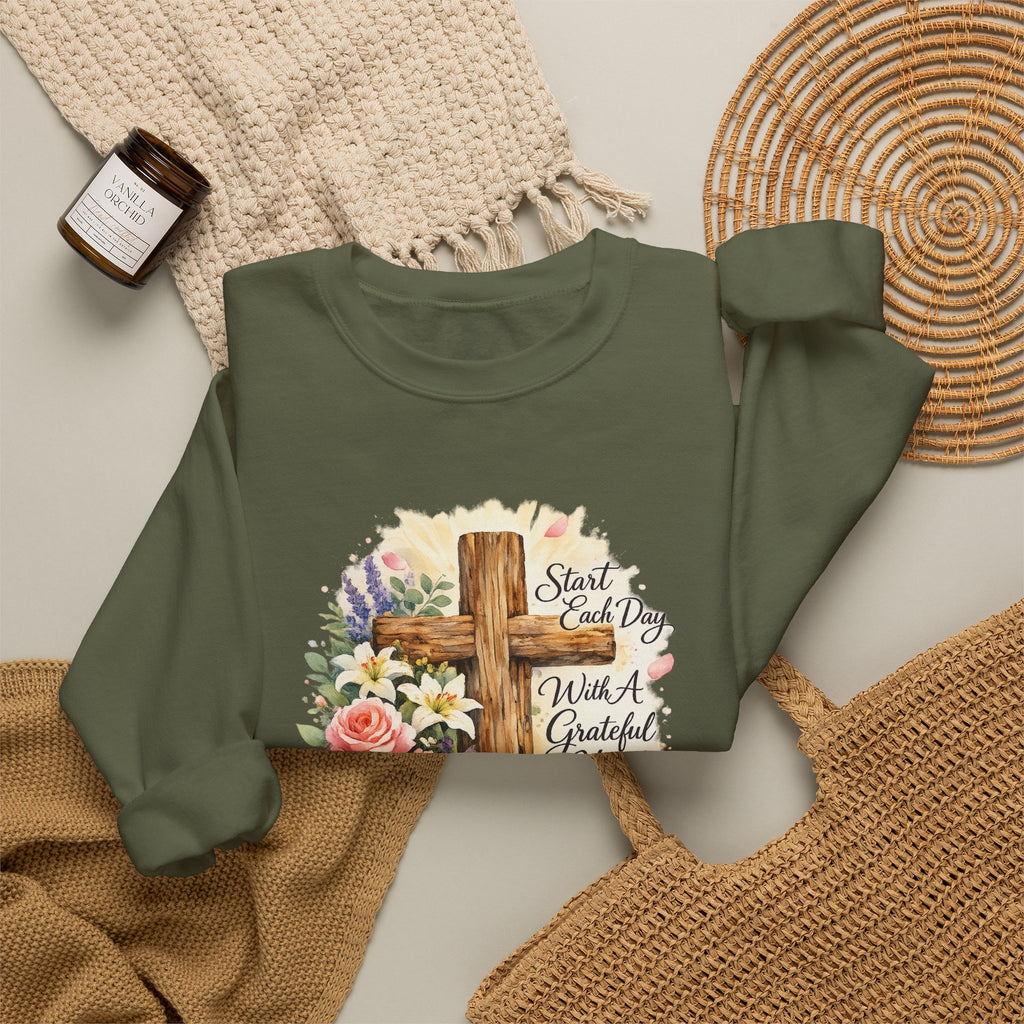 Christian Crewneck Sweatshirt — "Start Each Day with a Grateful Heart" Floral Cross