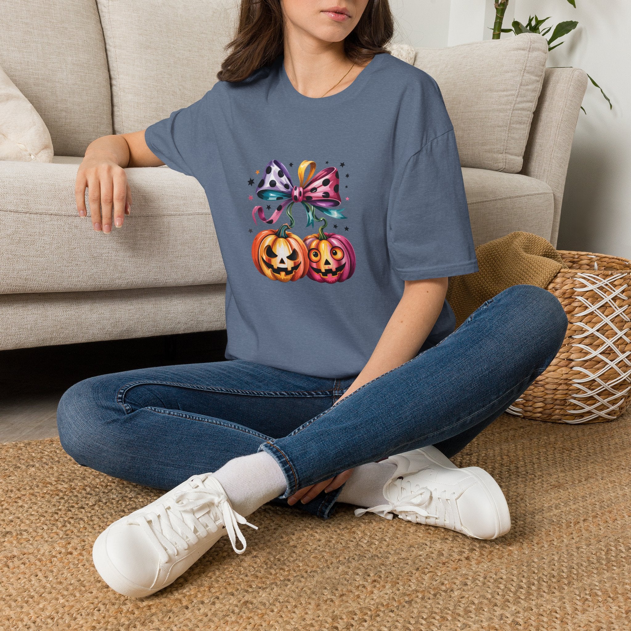 Halloween Pumpkin Bow T-Shirt — Cute Colorful Gift for Women Jack-O'-Lantern Tee