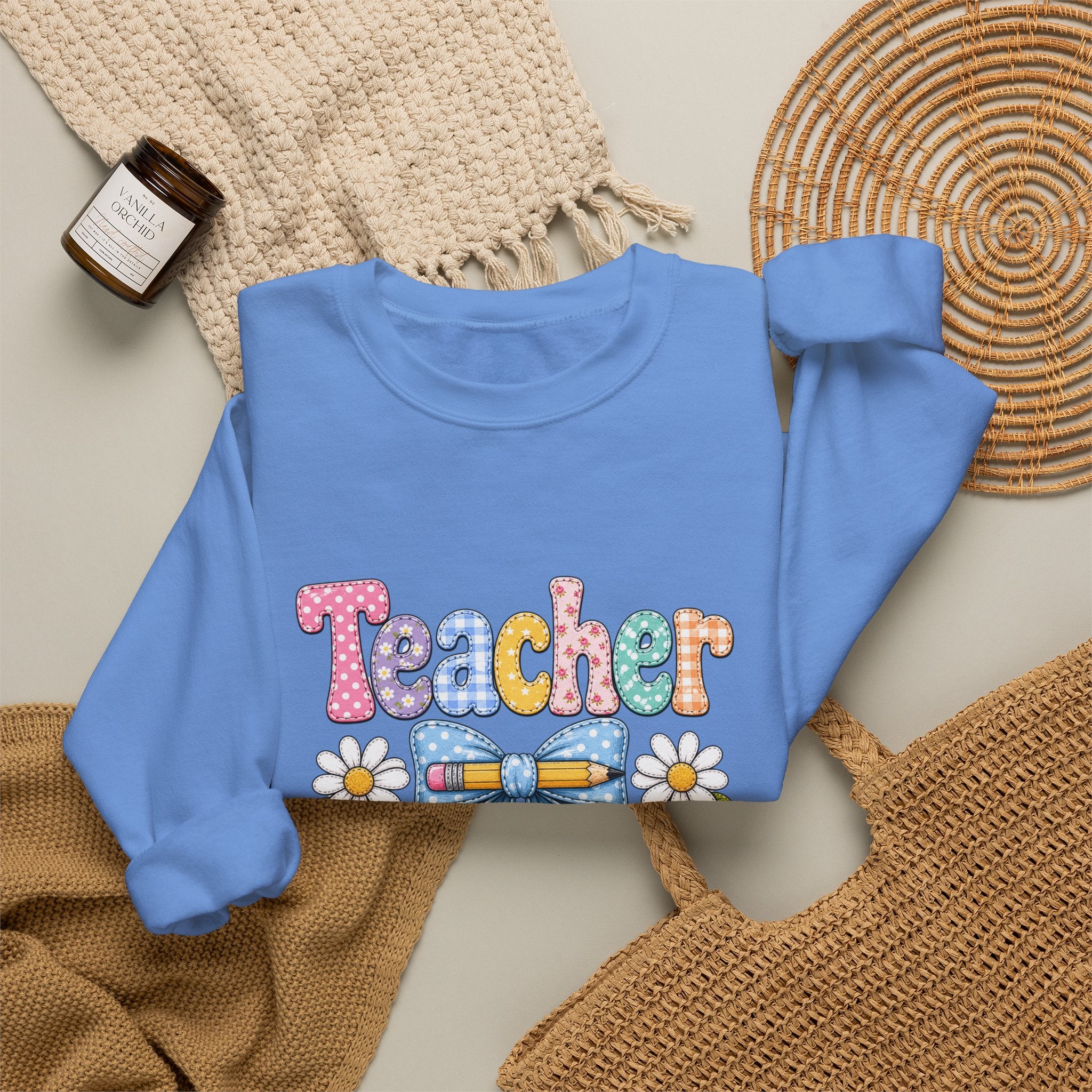 Teacher Floral Bow Sweatshirt — Cute Pastel Gift for Teachers Appreciation Crewneck