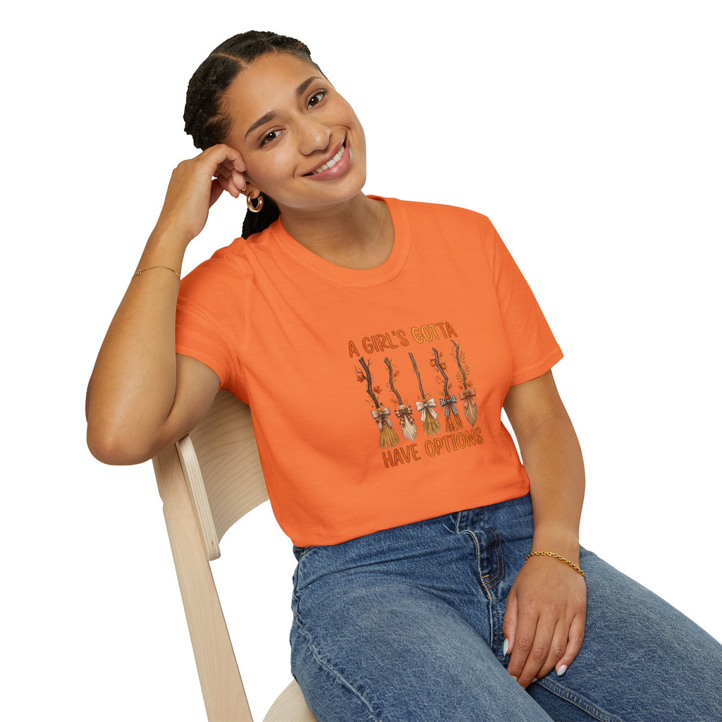 A Girl's Gotta Have Options Witch Brooms T-Shirt — Funny Halloween Gift for Women