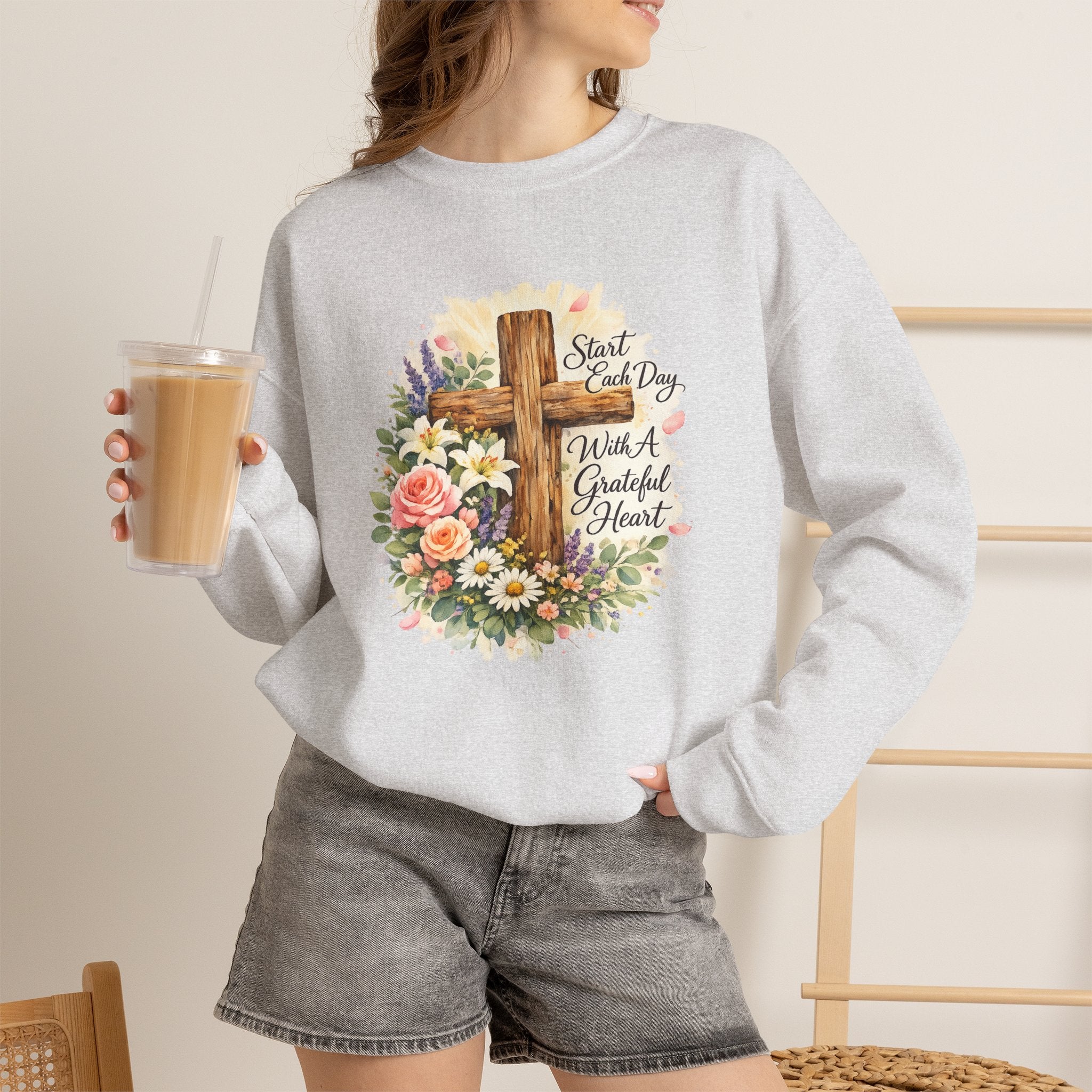 Christian Crewneck Sweatshirt — "Start Each Day with a Grateful Heart" Floral Cross