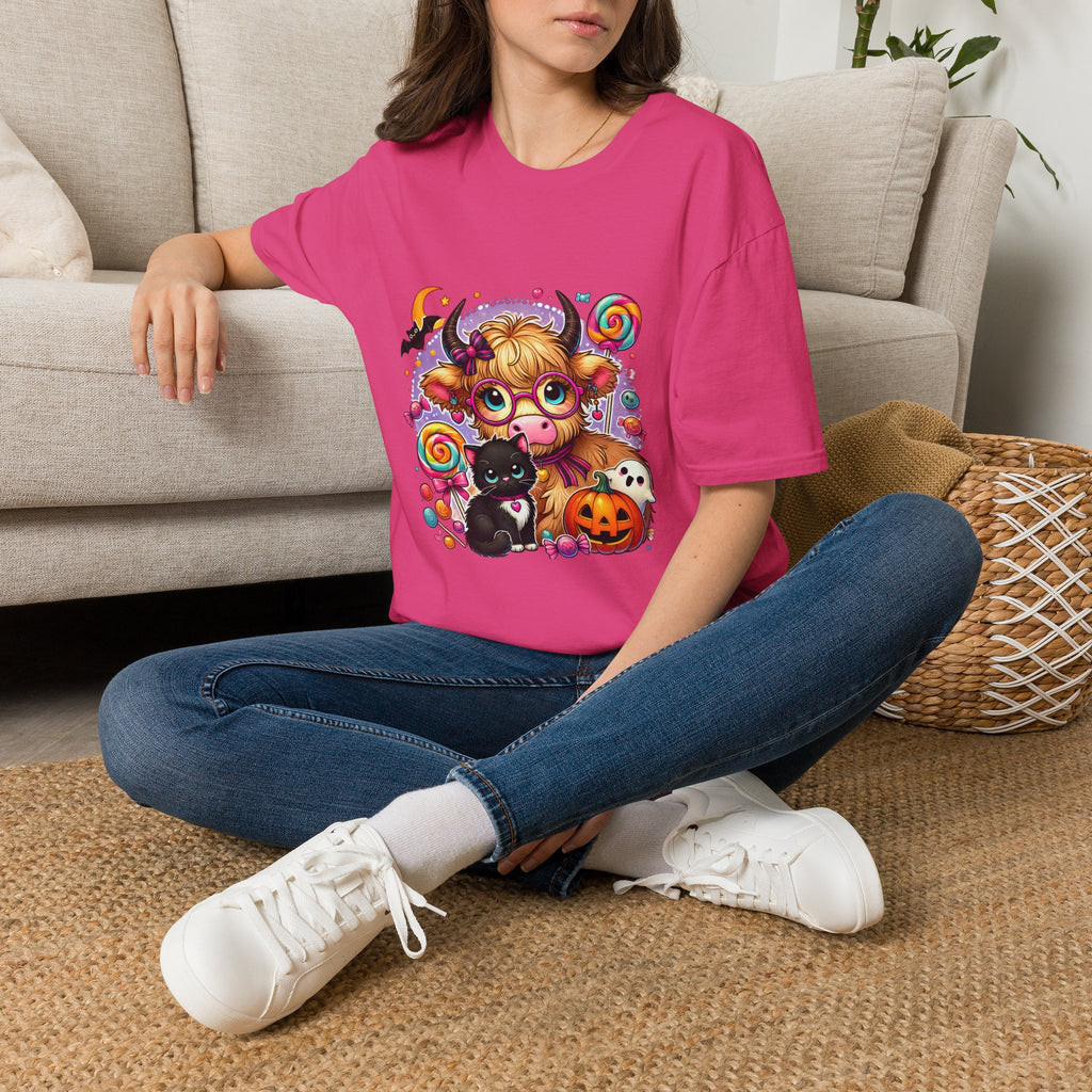 Cute Halloween Cow T-Shirt — Funny Gift for Her Candy Pumpkins & Kitty Costume Tee