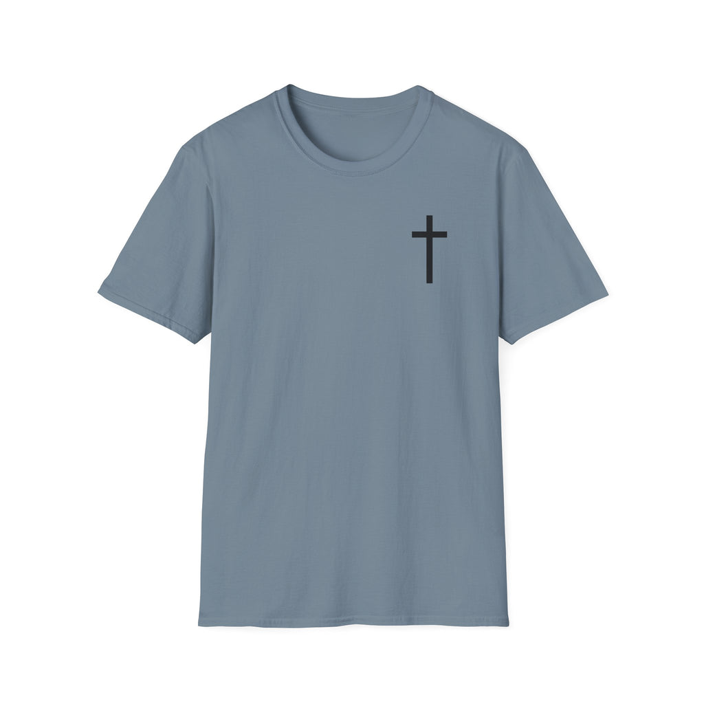 Man of Faith Rooted in Christ T-Shirt — Christian Gift for Him Flag & Cross Back Print Graphic Tee