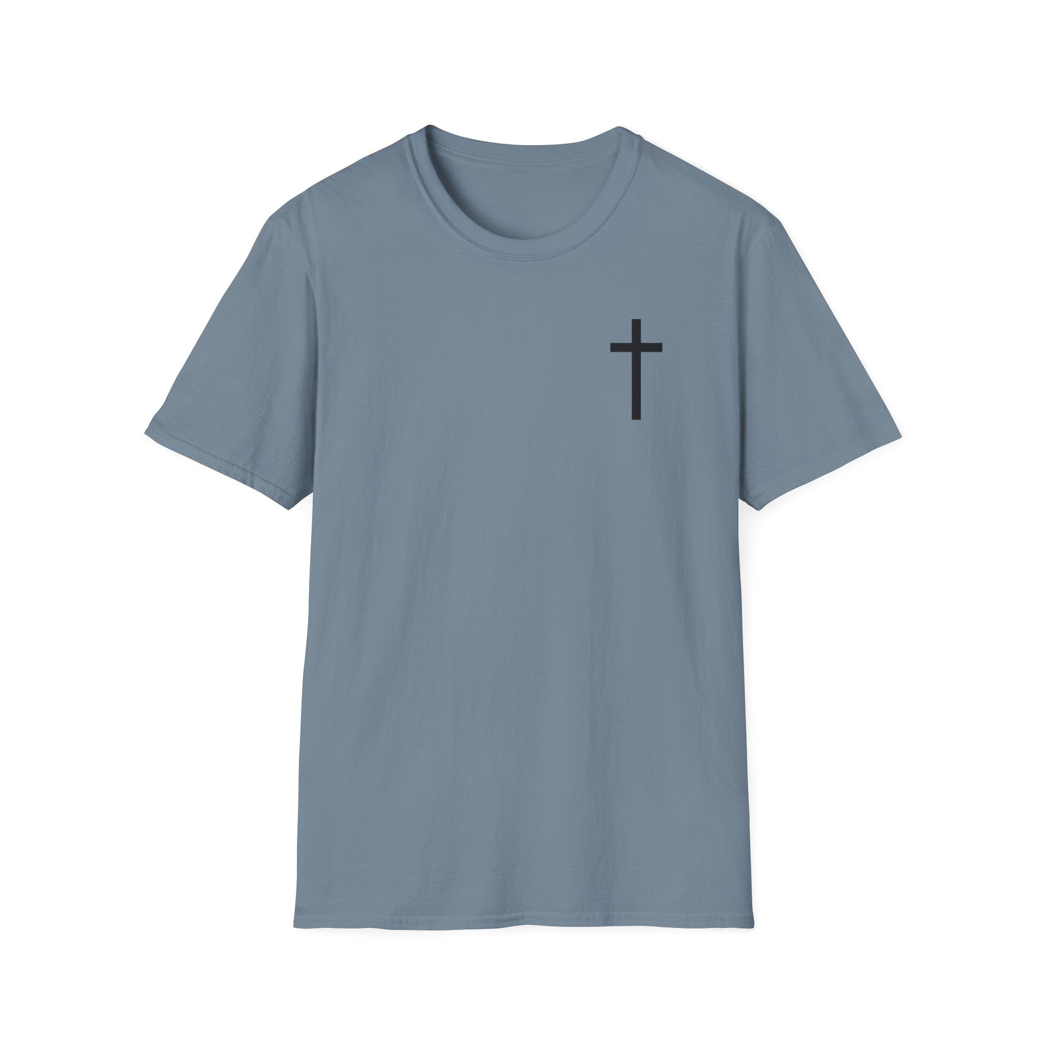 Man of Faith Rooted in Christ T-Shirt — Christian Gift for Him Flag & Cross Back Print Graphic Tee