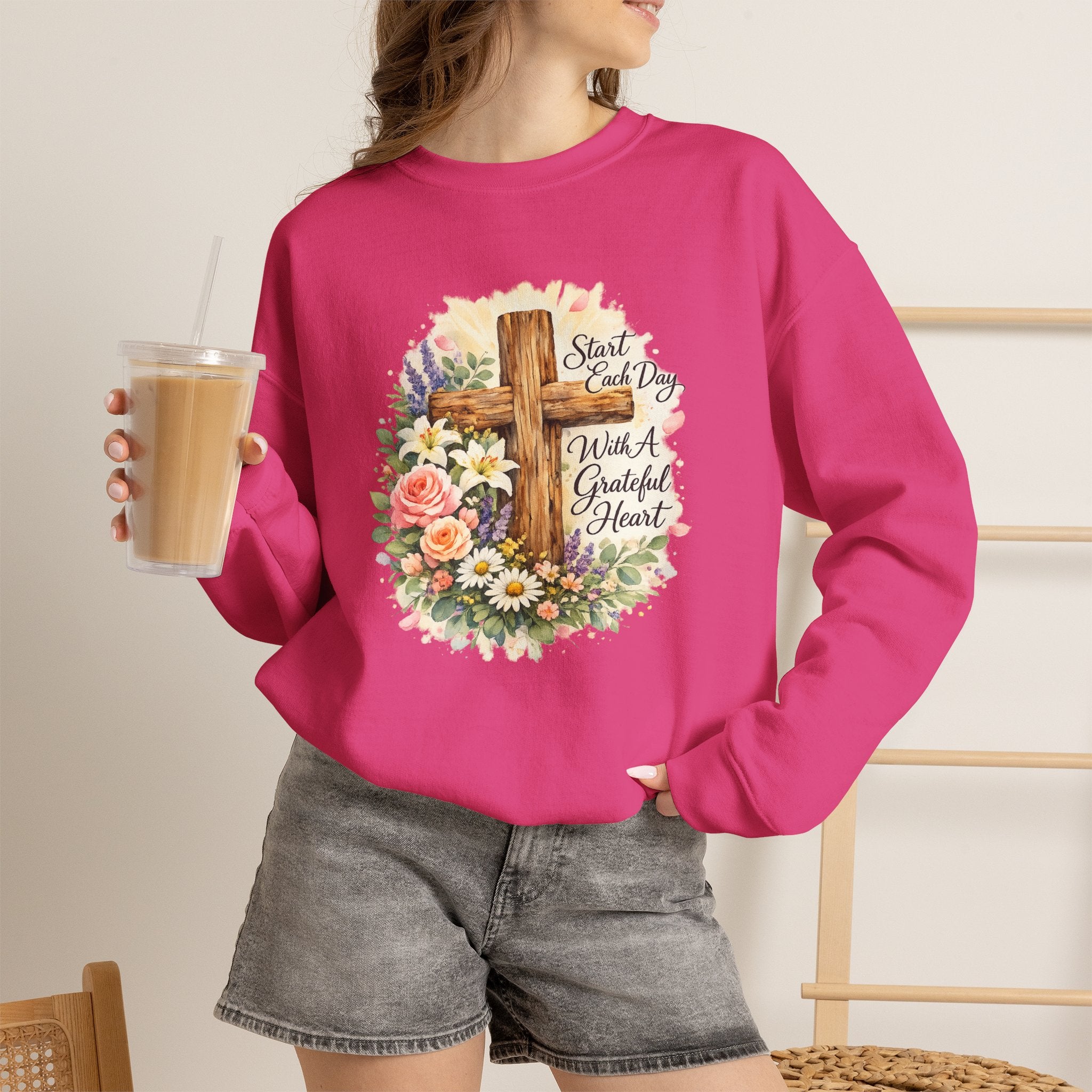 Christian Crewneck Sweatshirt — "Start Each Day with a Grateful Heart" Floral Cross