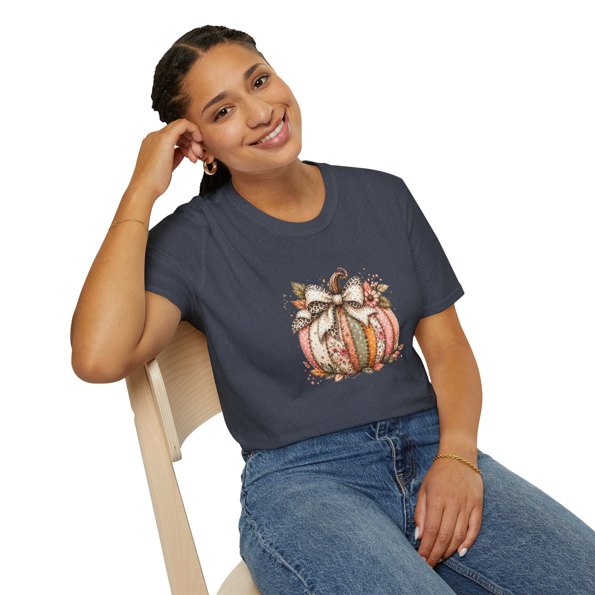 Autumn Floral Pumpkin Leopard Bow T-Shirt — Cute Fall Gift for Women Graphic Tee