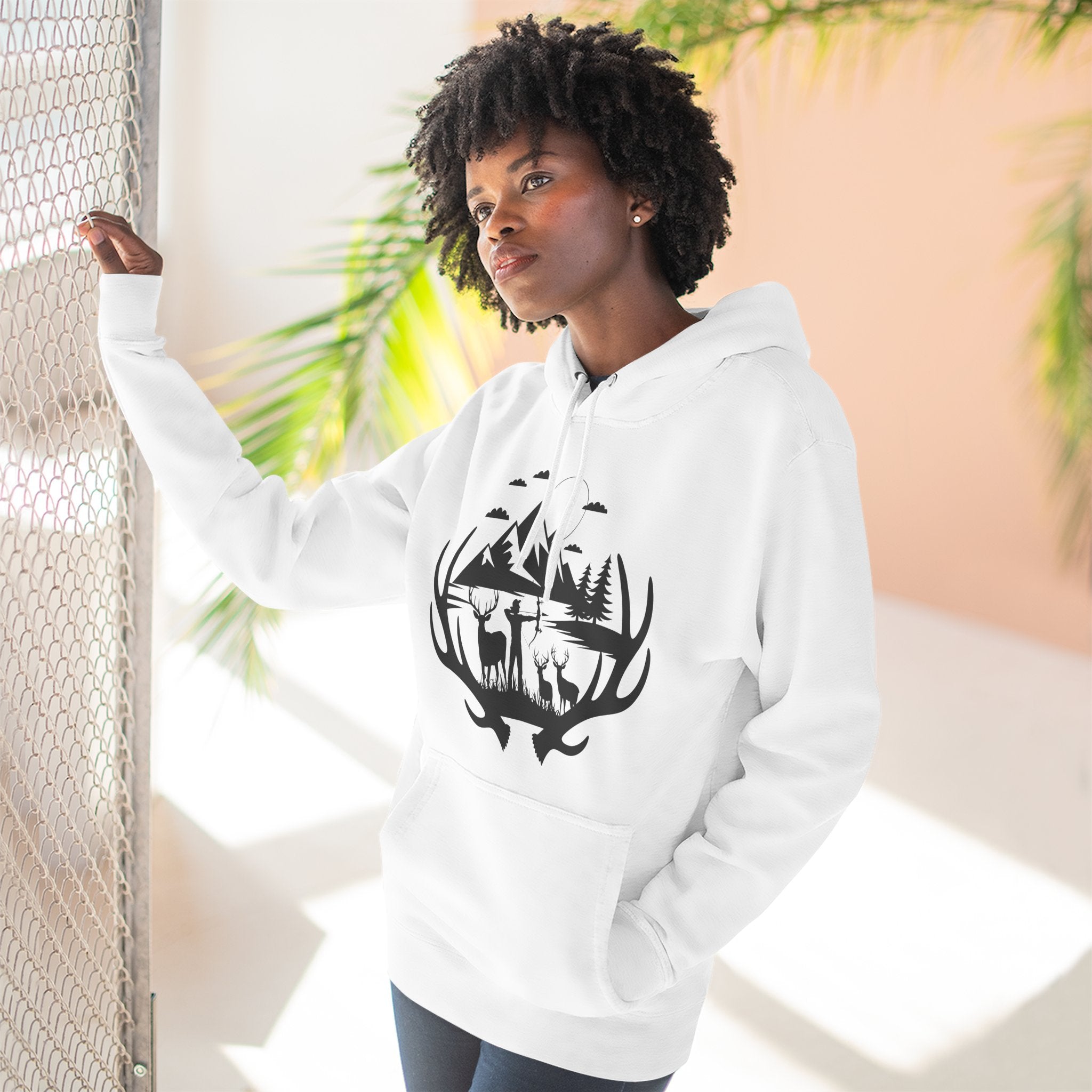 Deer Antler Mountain Hoodie — Rustic Outdoor Gift for Him Wildlife Graphic Pullover