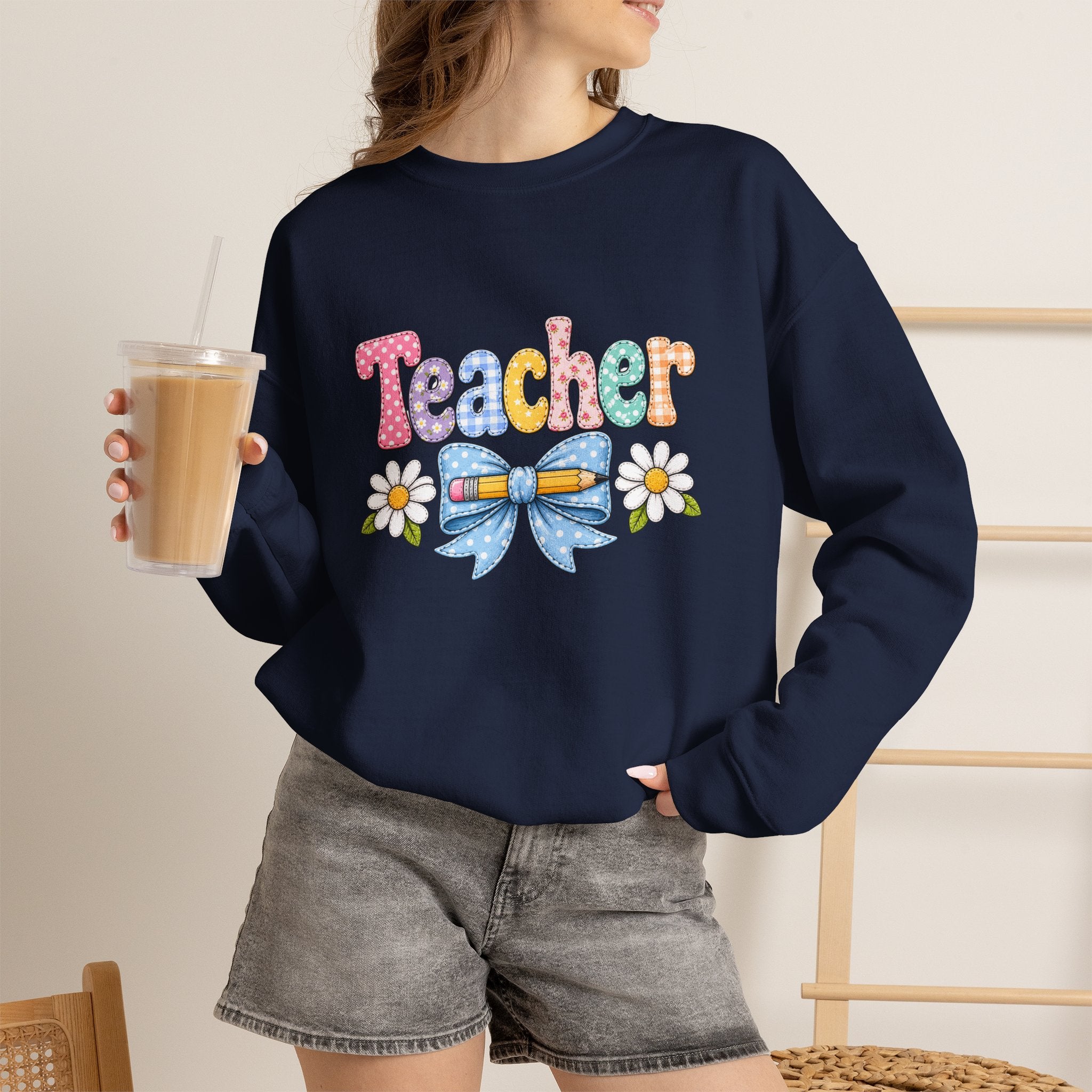 Teacher Floral Bow Sweatshirt — Cute Pastel Gift for Teachers Appreciation Crewneck