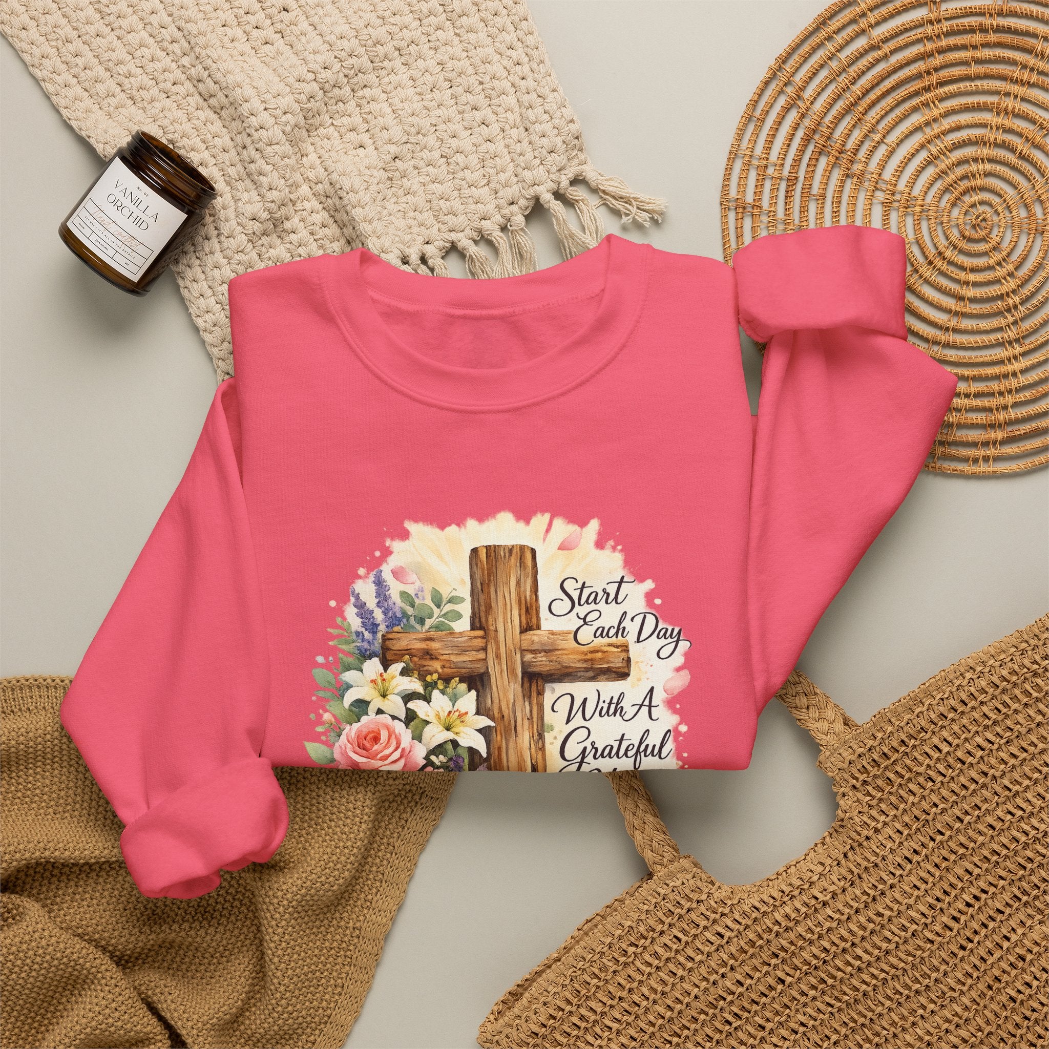 Christian Crewneck Sweatshirt — "Start Each Day with a Grateful Heart" Floral Cross