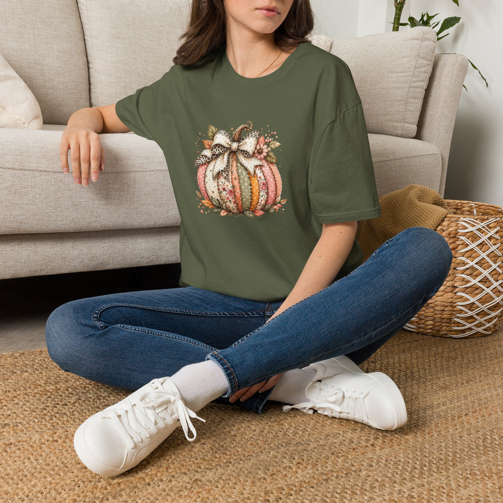 Autumn Floral Pumpkin Leopard Bow T-Shirt — Cute Fall Gift for Women Graphic Tee