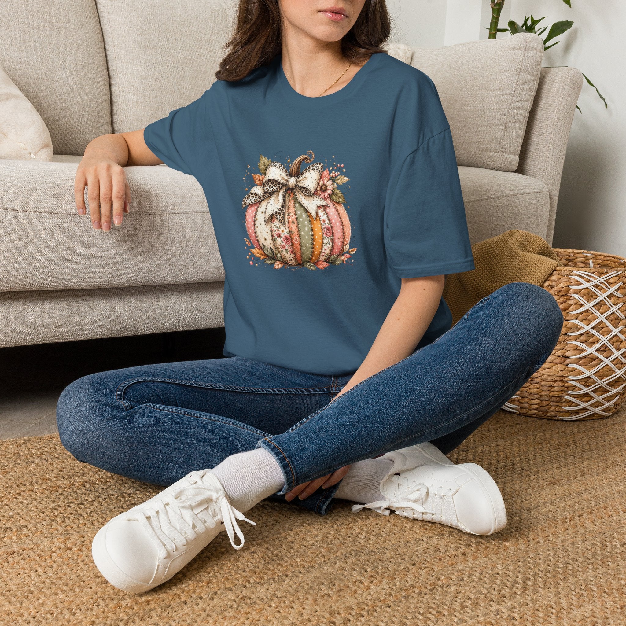 Autumn Floral Pumpkin Leopard Bow T-Shirt — Cute Fall Gift for Women Graphic Tee