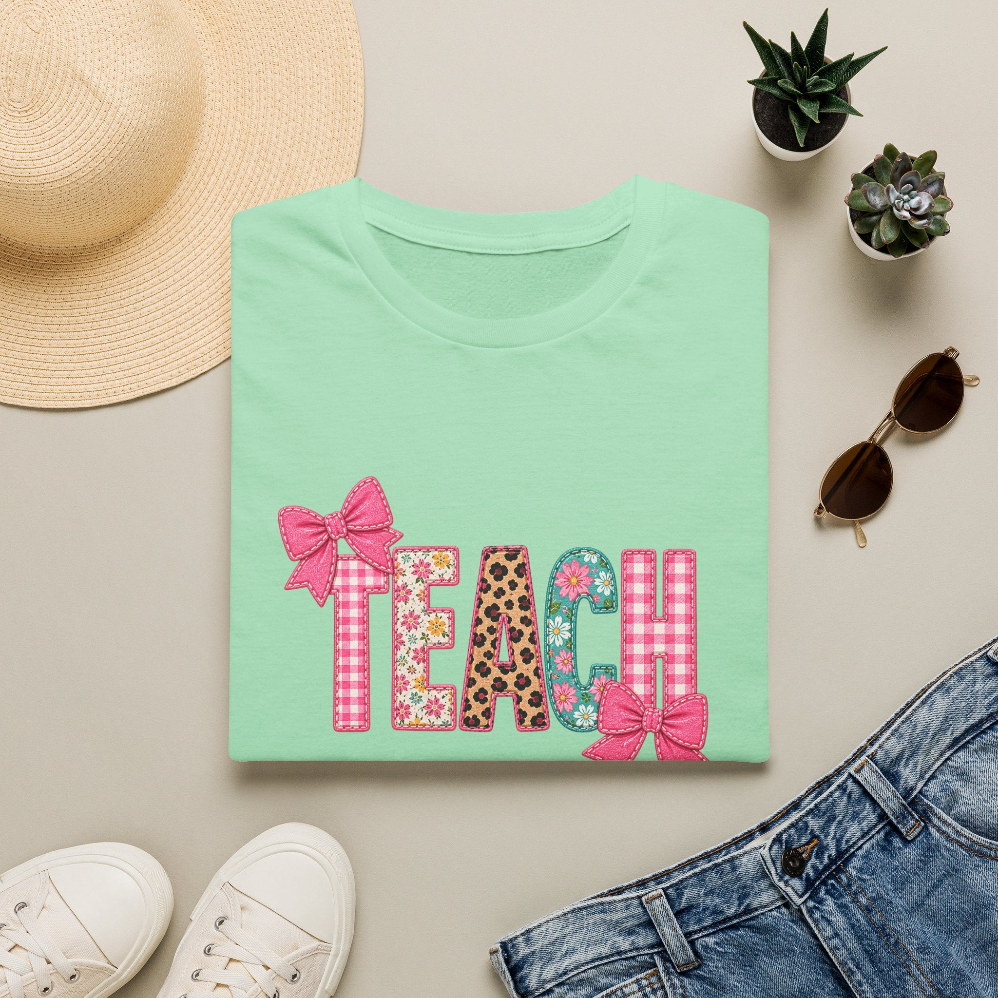 Floral Leopard TEACH T-Shirt — Cute Back-to-School Gift for Teachers Pink Bow Tee