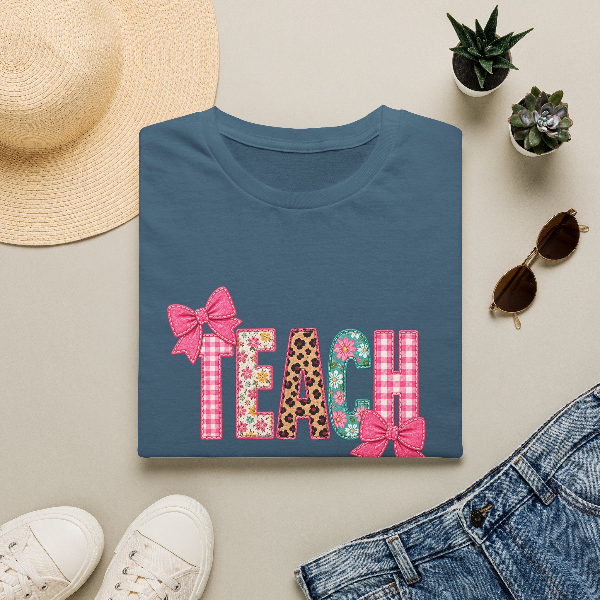 Floral Leopard TEACH T-Shirt — Cute Back-to-School Gift for Teachers Pink Bow Tee