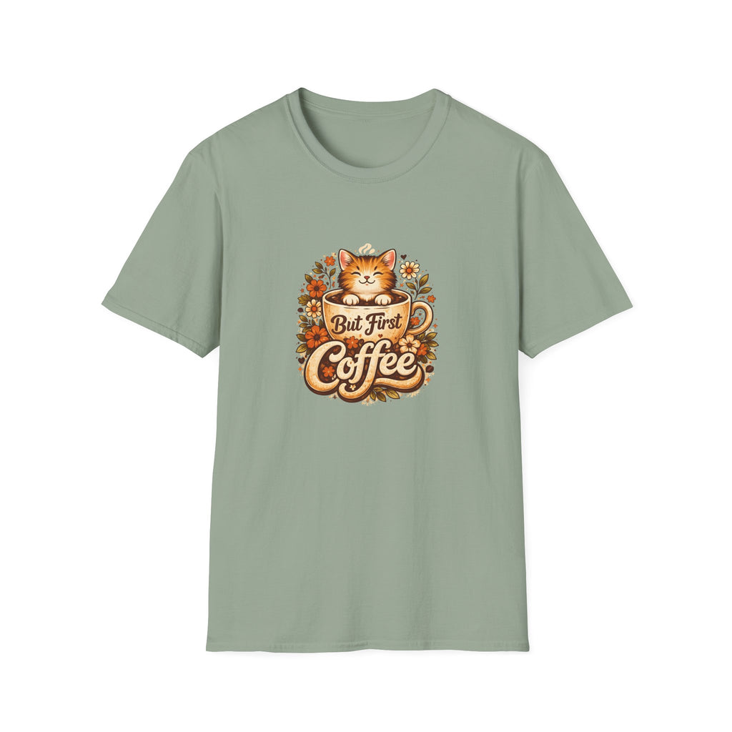 But First Coffee Cat T-Shirt — Cute Floral Gift for Coffee Lovers Women's Tee