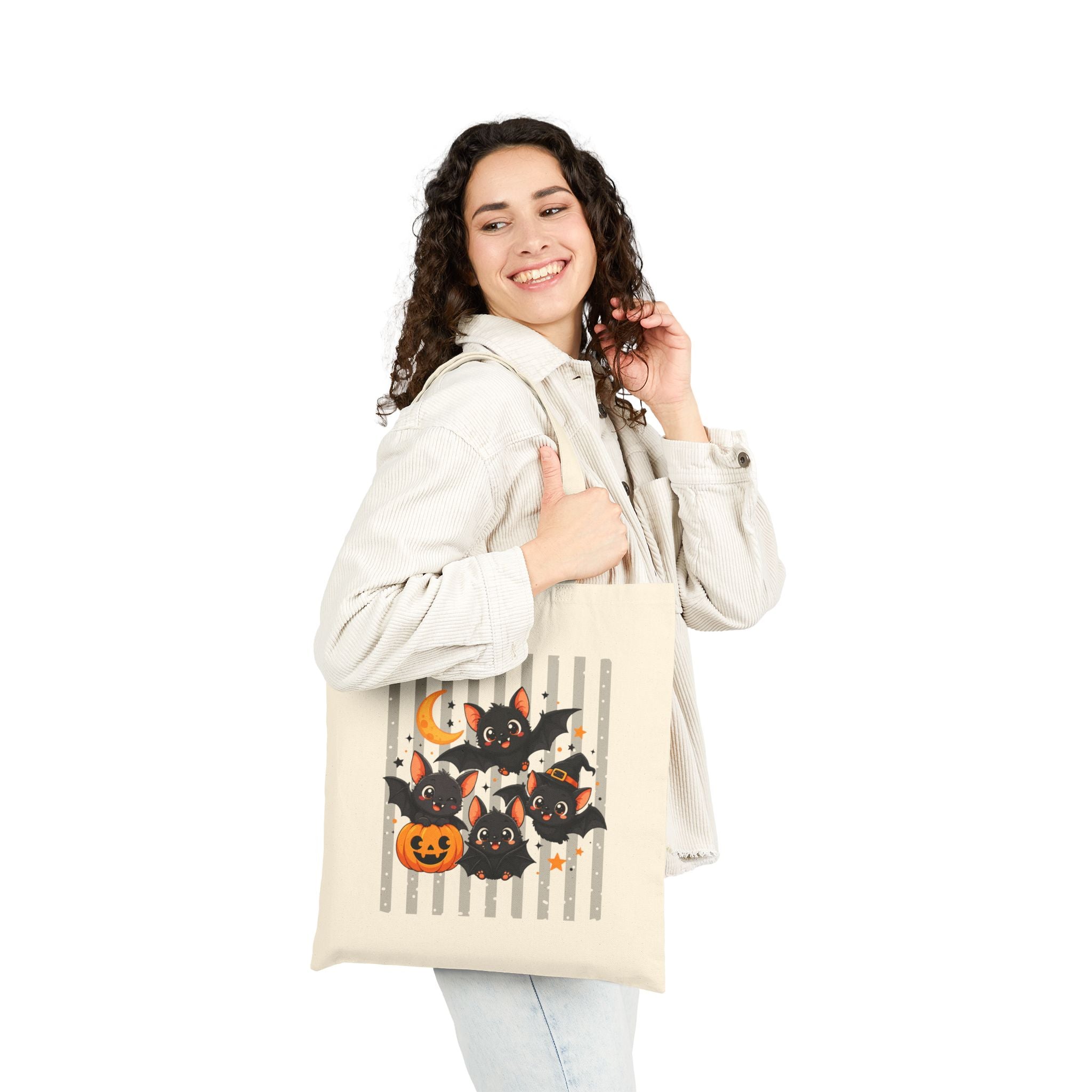 Halloween Bat Pumpkin Canvas Tote Bag — Cute Spooky Gift for Her Cotton Shopper