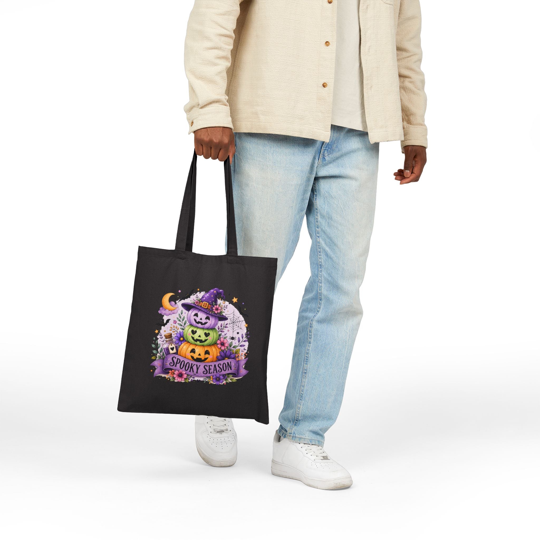 Spooky Season Jack-o'-Lantern Canvas Tote Bag — Cute Halloween Gift for Women