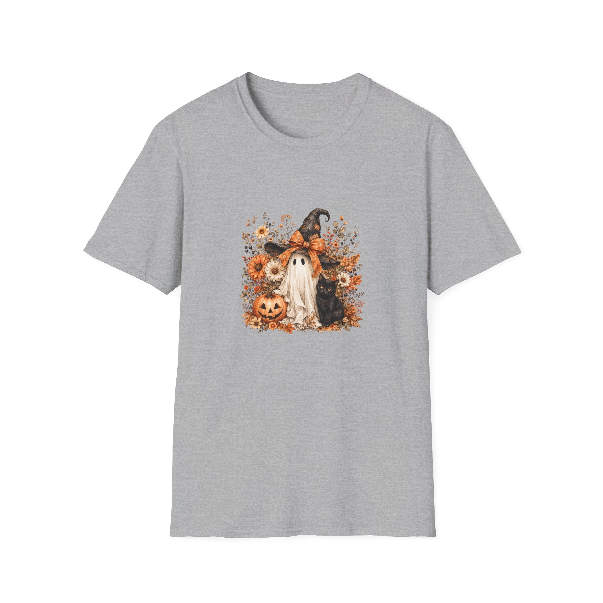 Halloween Witch Ghost & Cat T-Shirt — Cute Spooky Gift for Women Fall Floral Tee