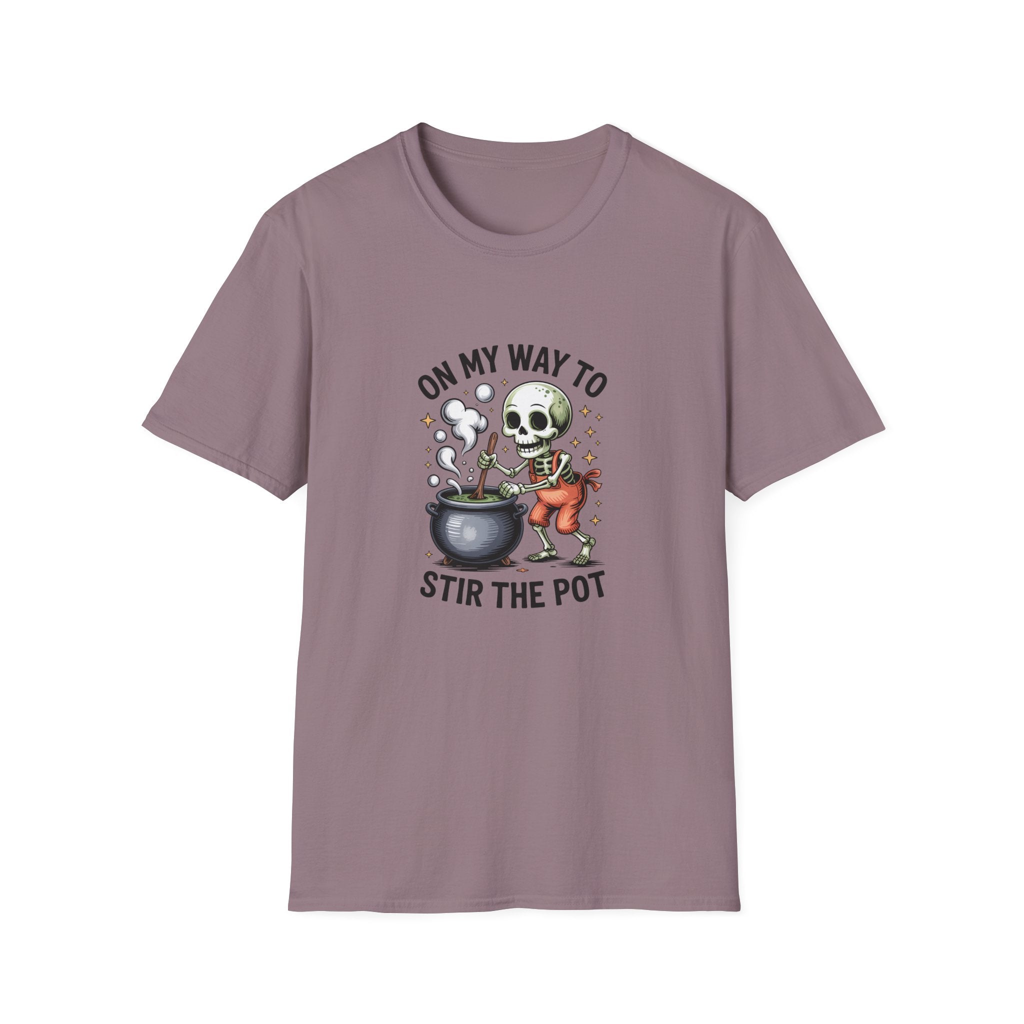 On My Way to Stir the Pot Skeleton T-Shirt — Funny Halloween Gift for Women