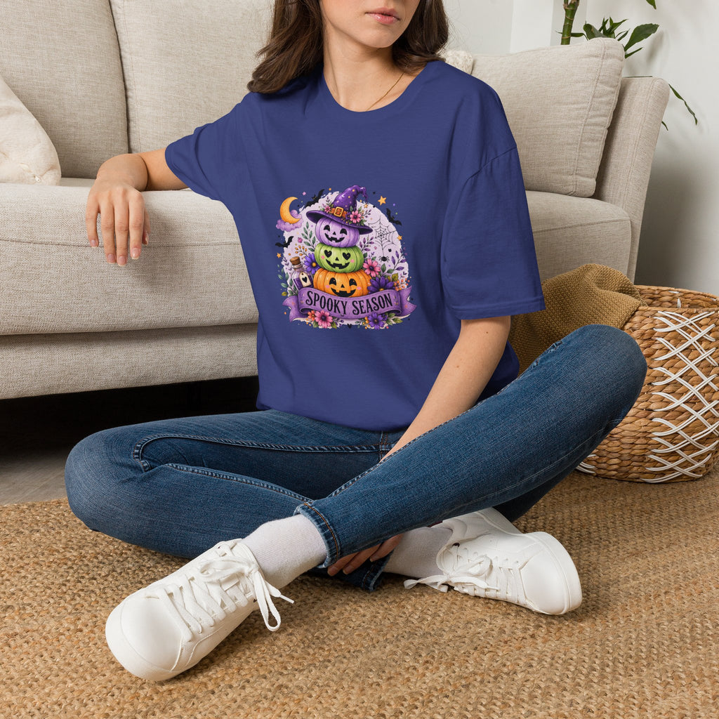 Spooky Season Pumpkin Stack T-Shirt — Cute Halloween Gift for Women Witch Hat Tee