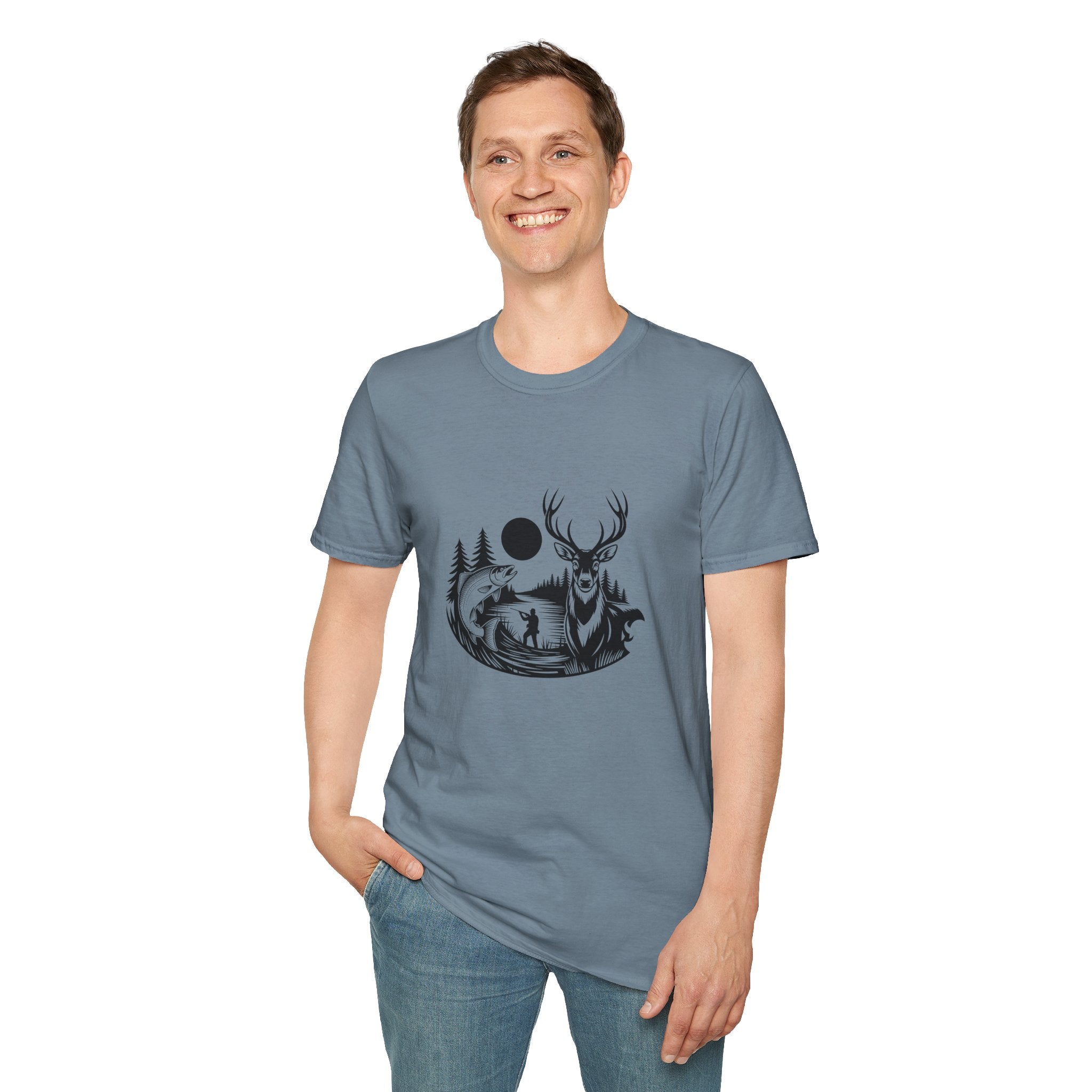 Deer & Fish Forest Silhouette T-Shirt — Rustic Outdoor Gift for Hunters Graphic Tee