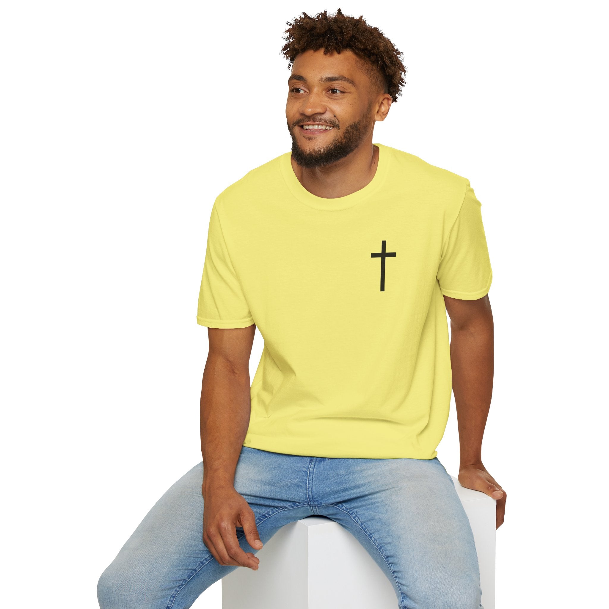 Man of Faith Rooted in Christ T-Shirt — Christian Gift for Him Flag & Cross Back Print Graphic Tee