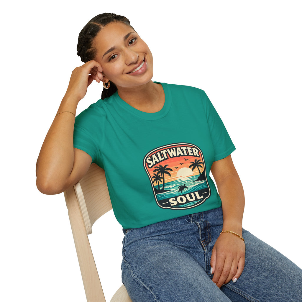Saltwater Soul Retro Beach T-Shirt — Cute Coastal Gift for Women Sunset Palm Tee