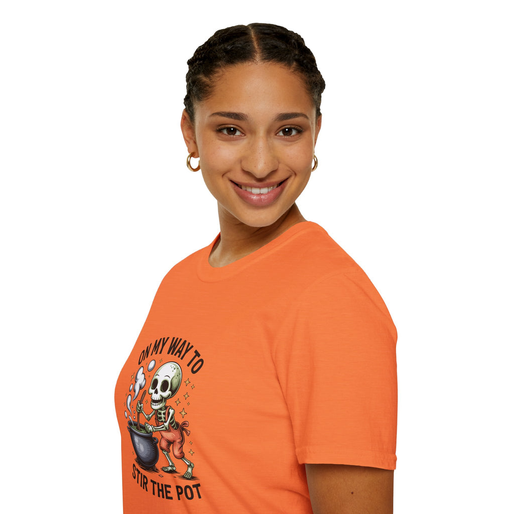 On My Way to Stir the Pot Skeleton T-Shirt — Funny Halloween Gift for Women
