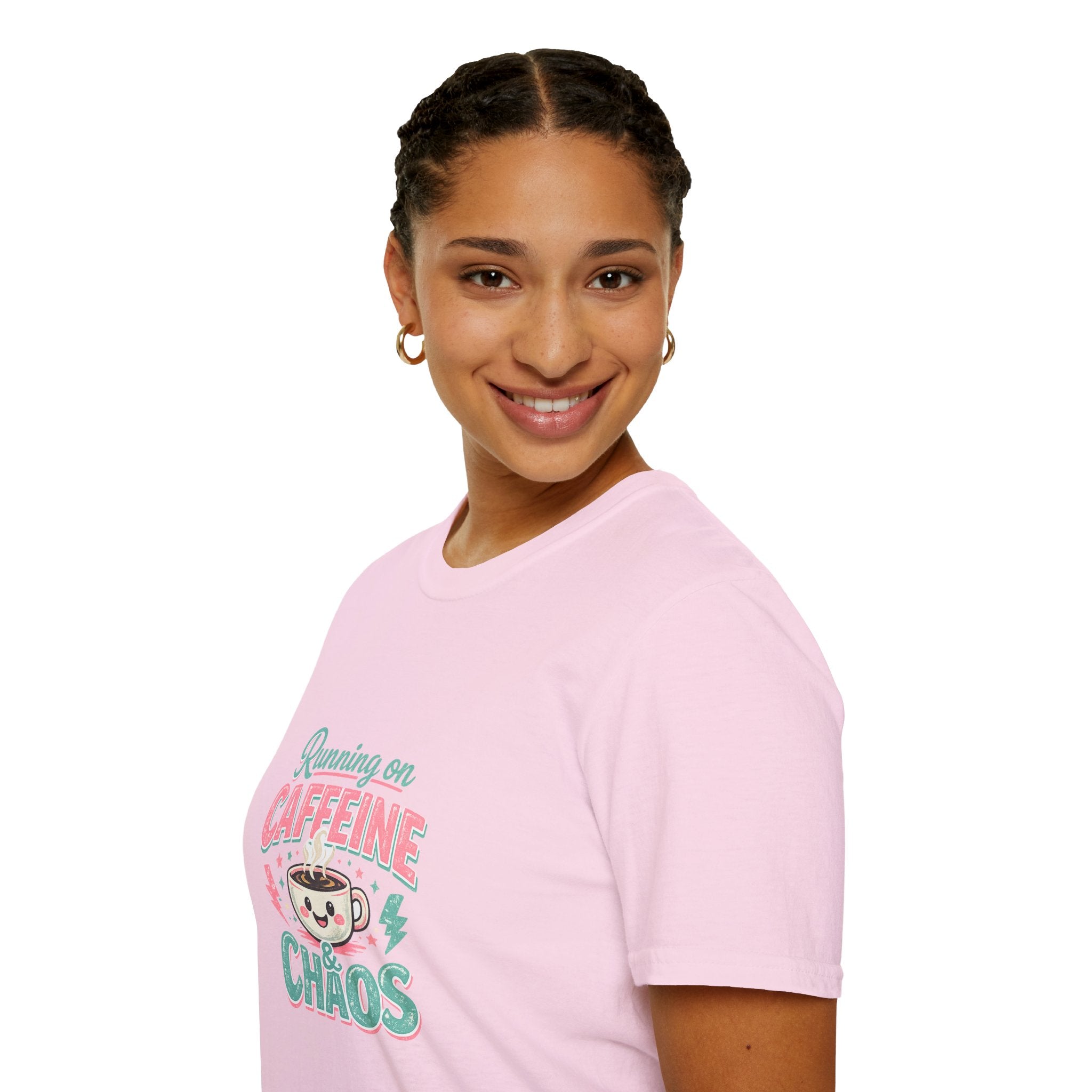 Running on Caffeine & Chaos T-Shirt — Funny Gift for Coffee Loving Moms Graphic Tee
