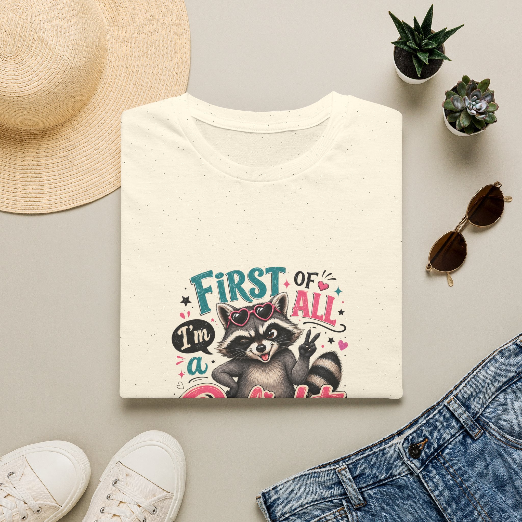 First of All I'm a Delight Raccoon T-Shirt — Funny Sarcastic Gift for Her Vintage Tee