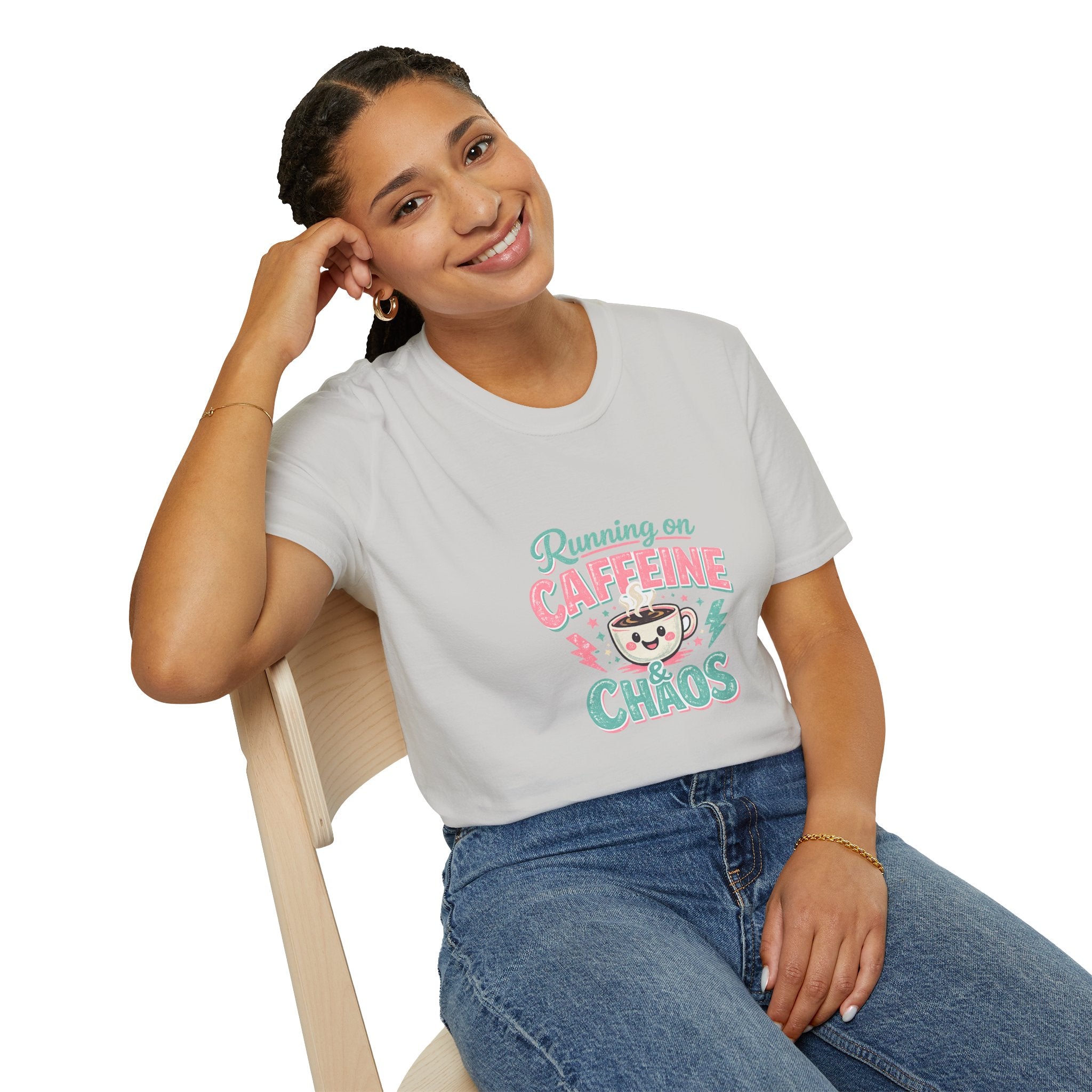 Running on Caffeine & Chaos T-Shirt — Funny Gift for Coffee Loving Moms Graphic Tee