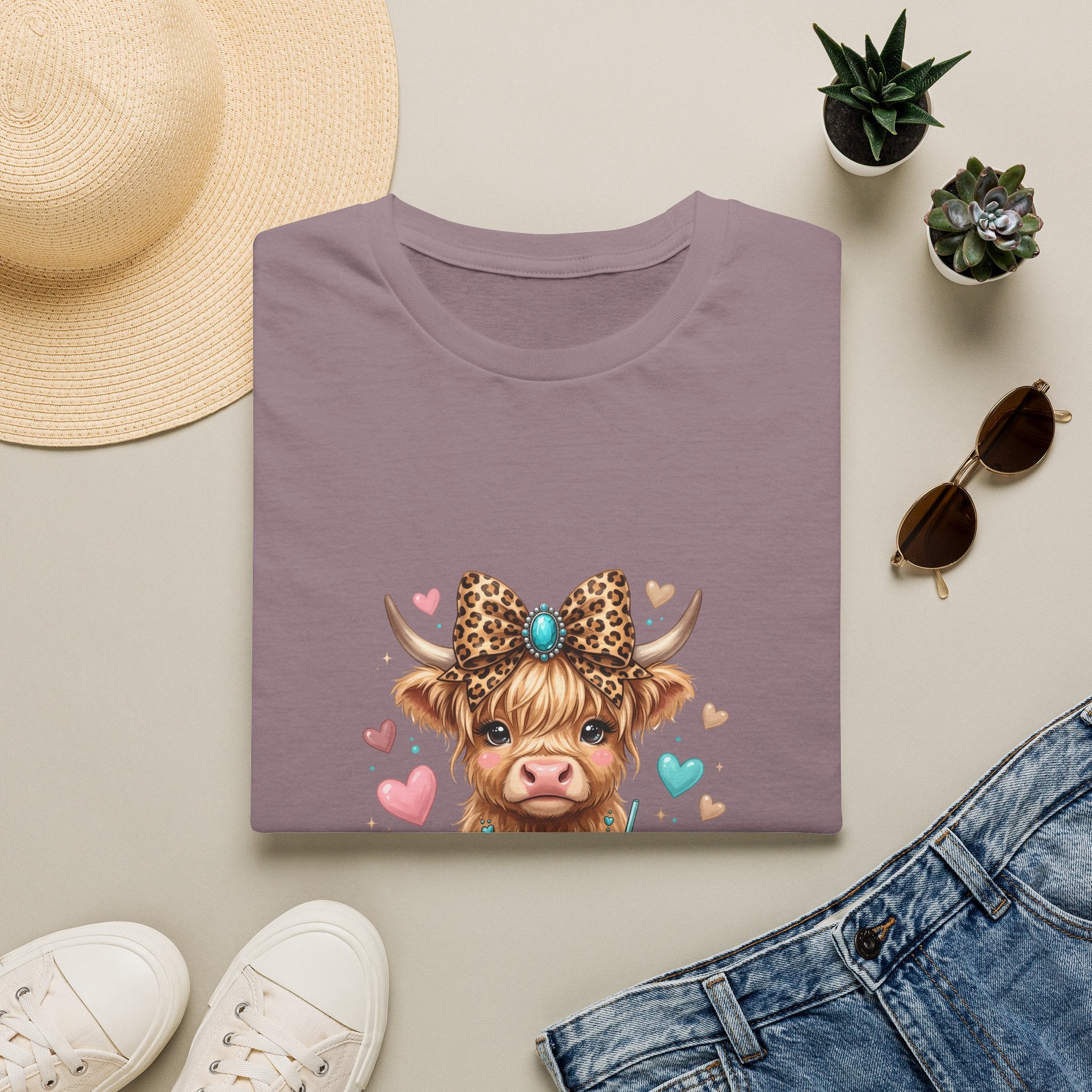 Highland Cow Leopard Bow T-Shirt — Cute Funny Gift for Her Hearts Graphic Tee