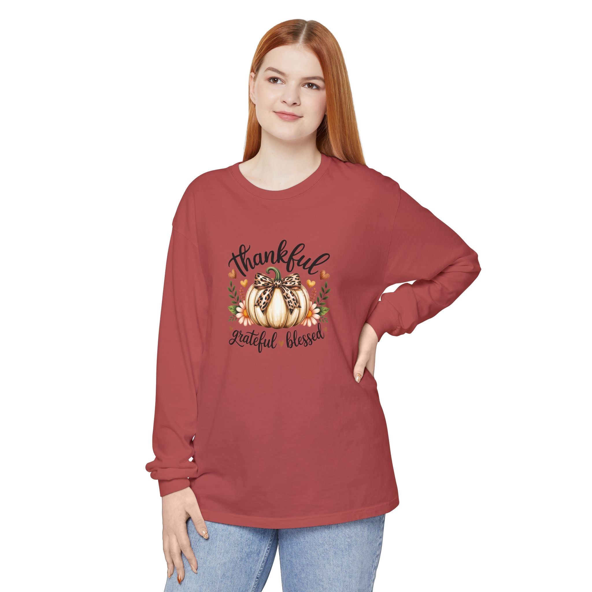 Thankful Grateful Blessed Pumpkin Long Sleeve — Cute Fall Thanksgiving Gift for Women