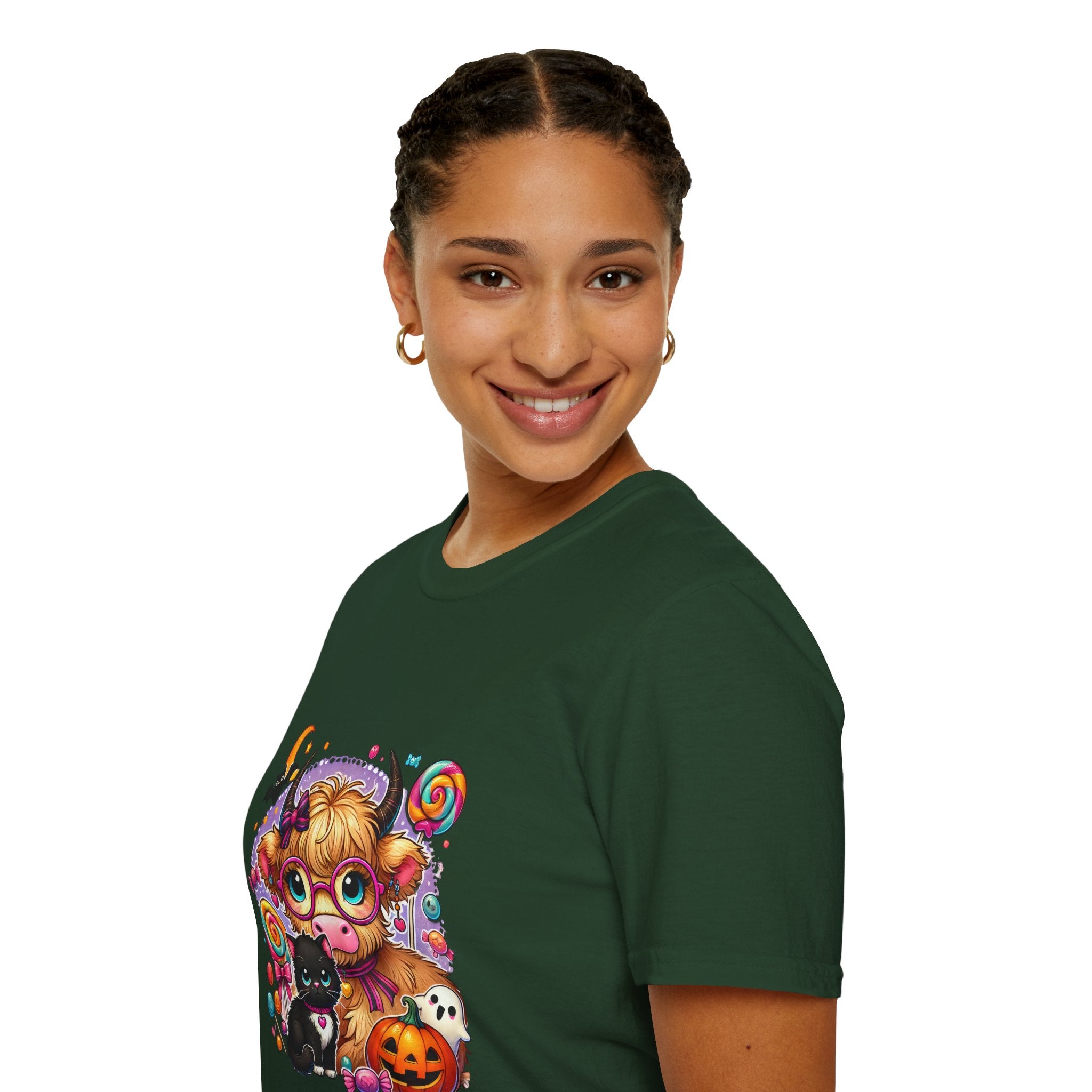 Cute Halloween Cow T-Shirt — Funny Gift for Her Candy Pumpkins & Kitty Costume Tee