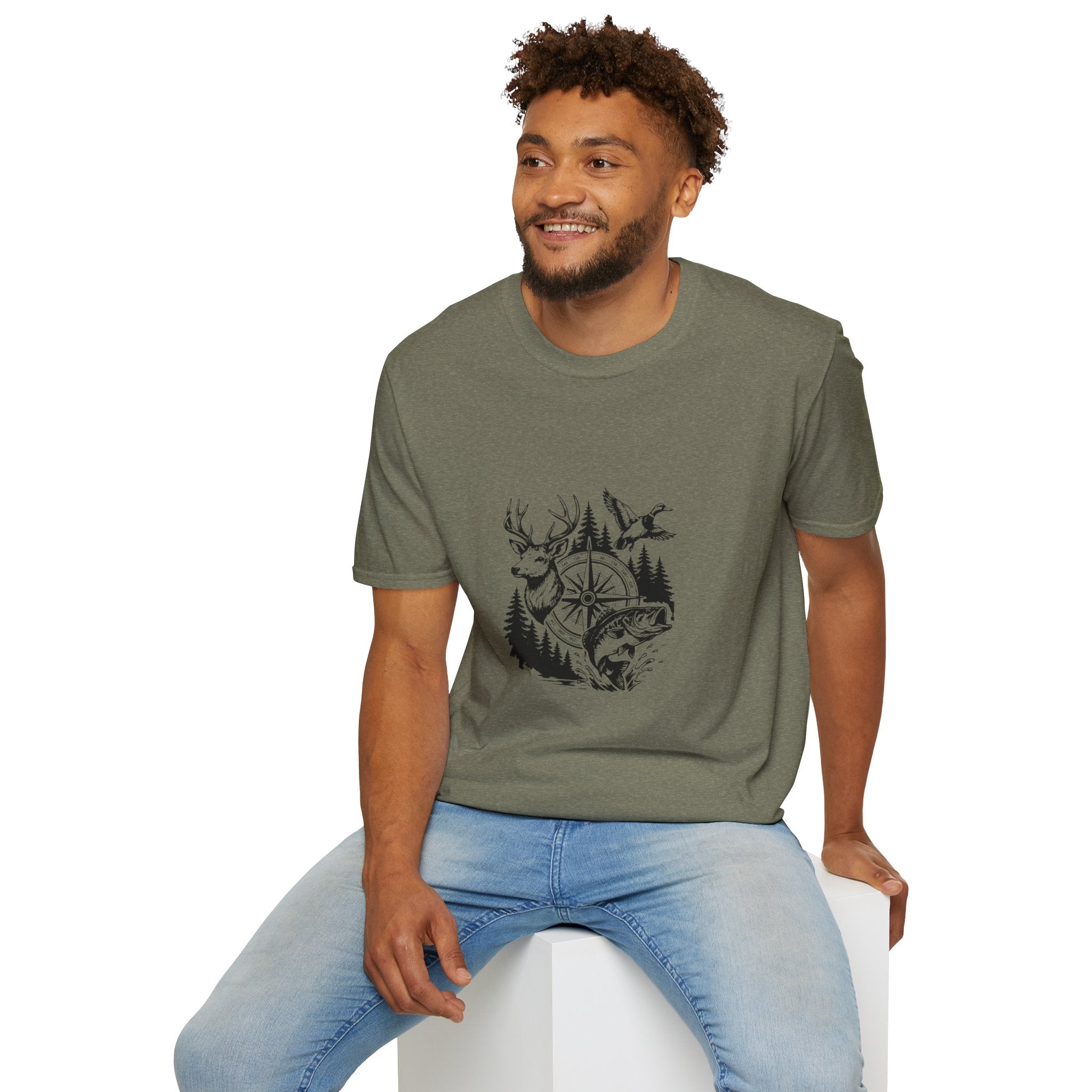 Outdoor Wildlife Compass T-Shirt — Deer Duck & Fish Nature Gift for Hunters