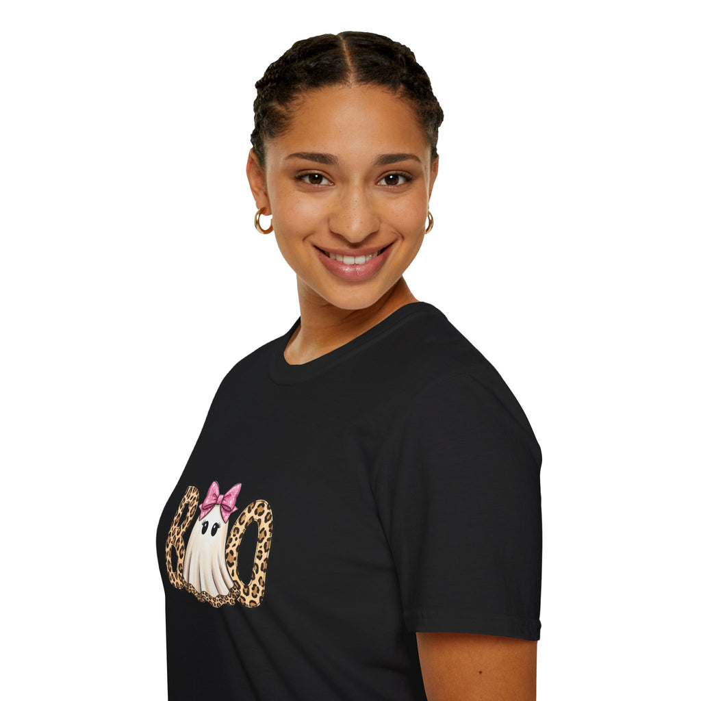 Boo Leopard Ghost T-Shirt — Cute Pink Bow Halloween Gift for Women Graphic Tee