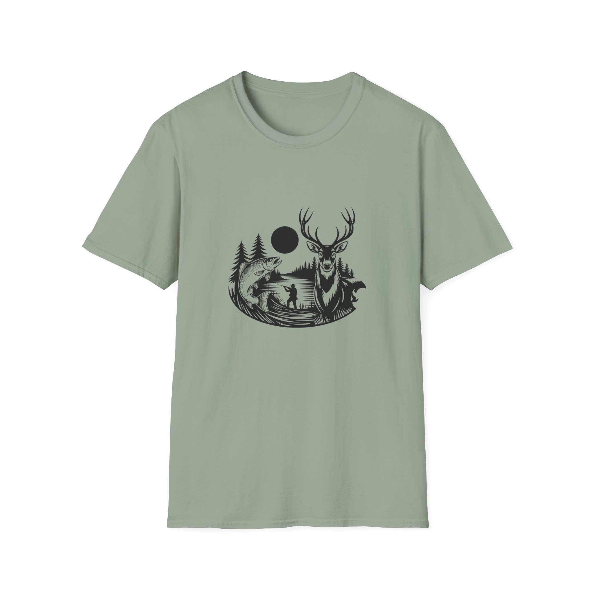 Deer & Fish Forest Silhouette T-Shirt — Rustic Outdoor Gift for Hunters Graphic Tee