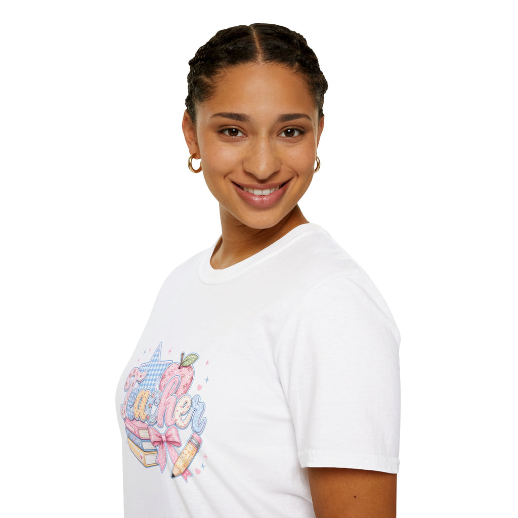 Cute Pastel Apple & Books Teacher T-Shirt — Funny Back-to-School Gift Graphic Tee