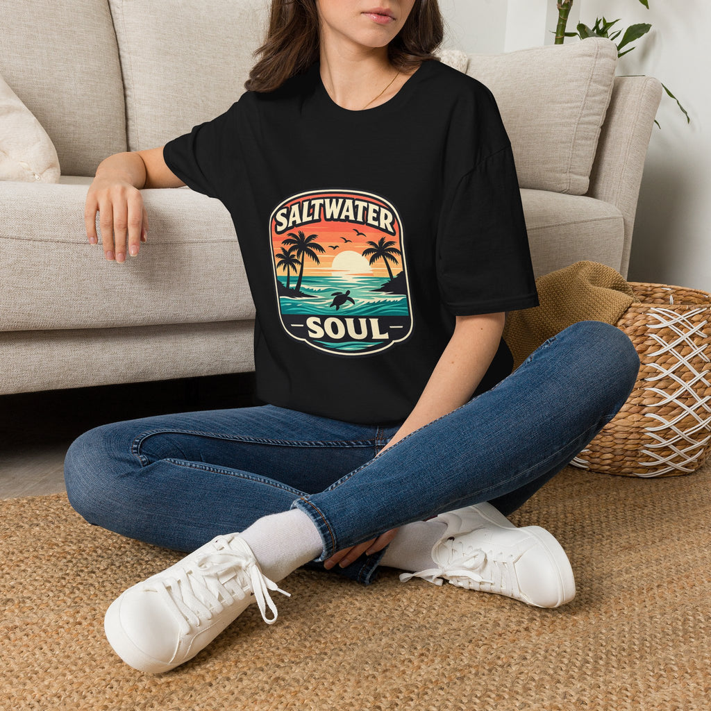Saltwater Soul Retro Beach T-Shirt — Cute Coastal Gift for Women Sunset Palm Tee