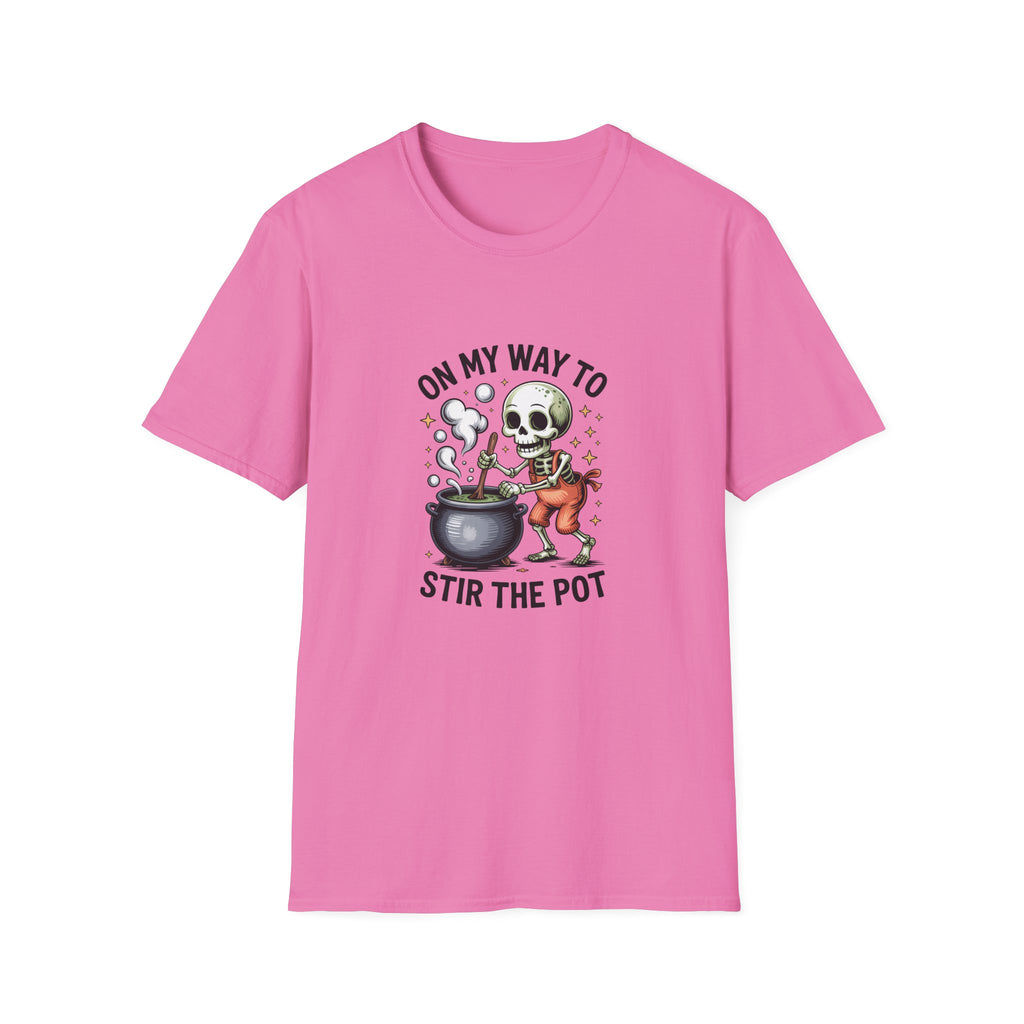 On My Way to Stir the Pot Skeleton T-Shirt — Funny Halloween Gift for Women