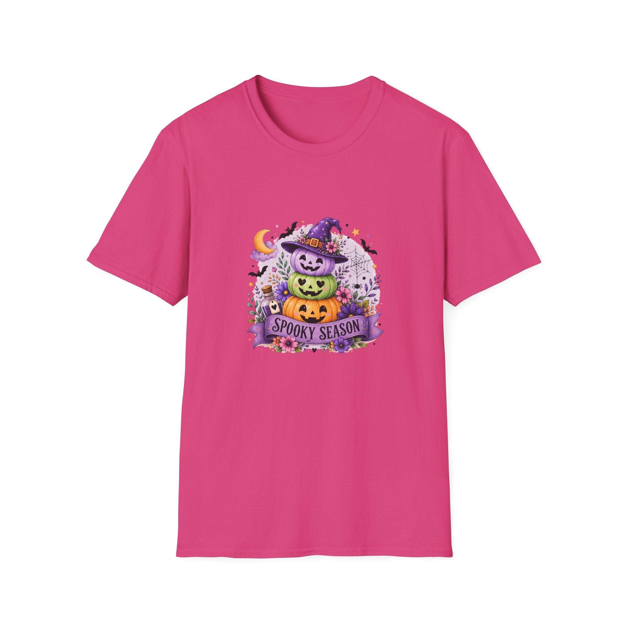 Spooky Season Pumpkin Stack T-Shirt — Cute Halloween Gift for Women Witch Hat Tee