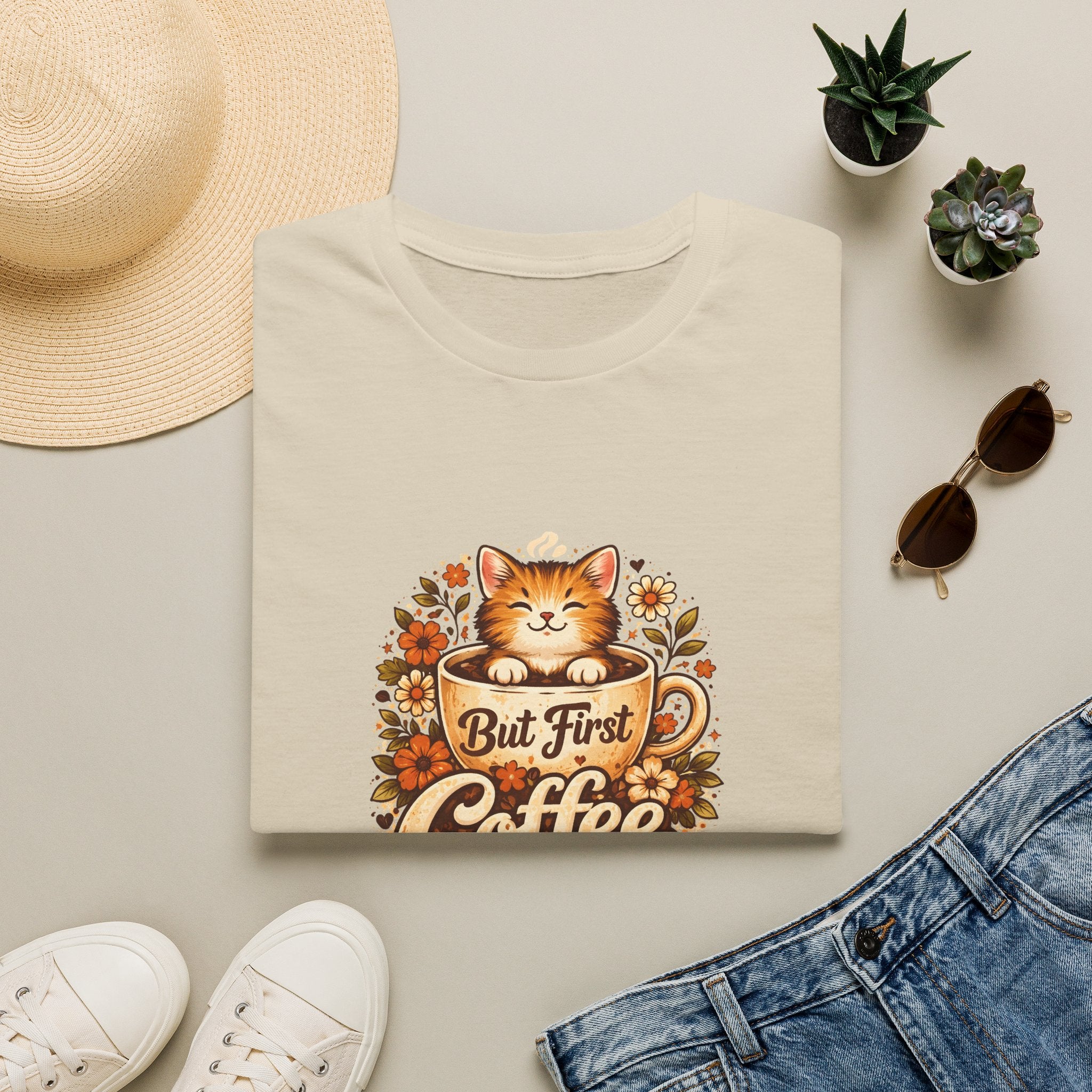 But First Coffee Cat T-Shirt — Cute Floral Gift for Coffee Lovers Women's Tee