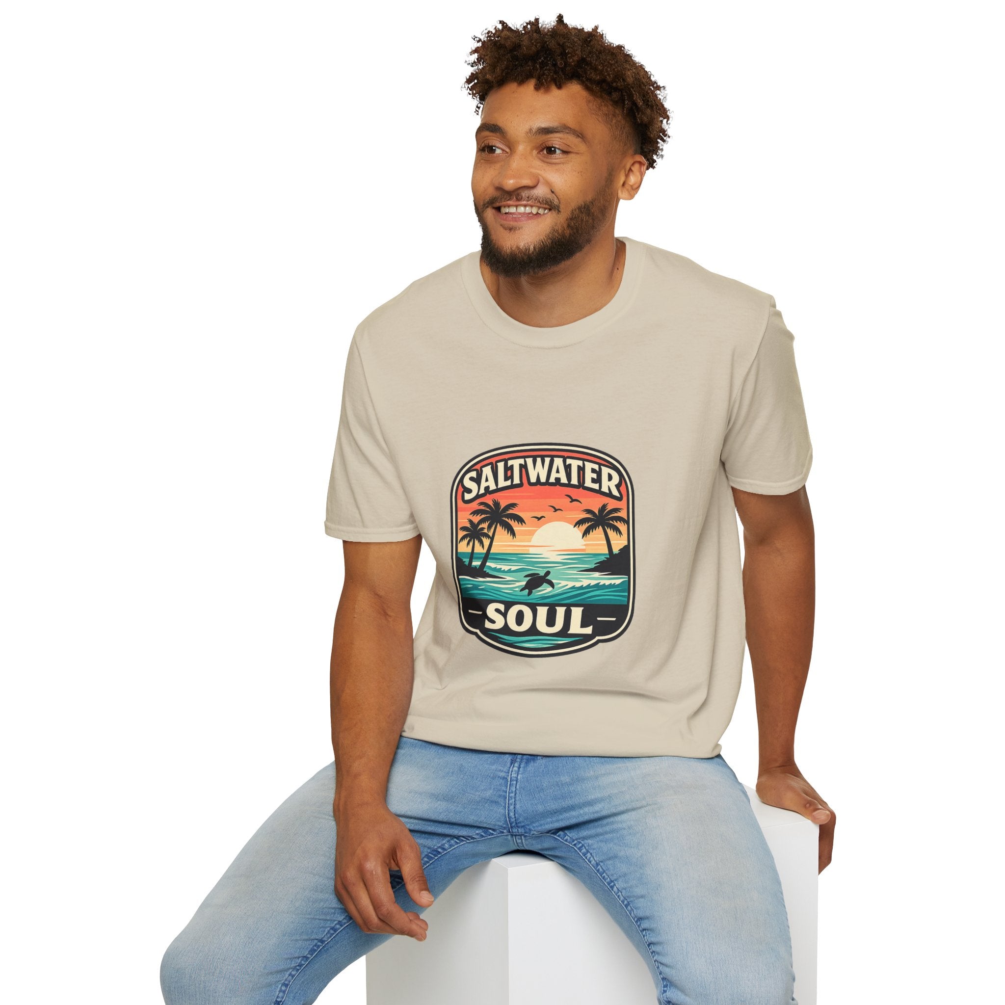 Saltwater Soul Retro Beach T-Shirt — Cute Coastal Gift for Women Sunset Palm Tee