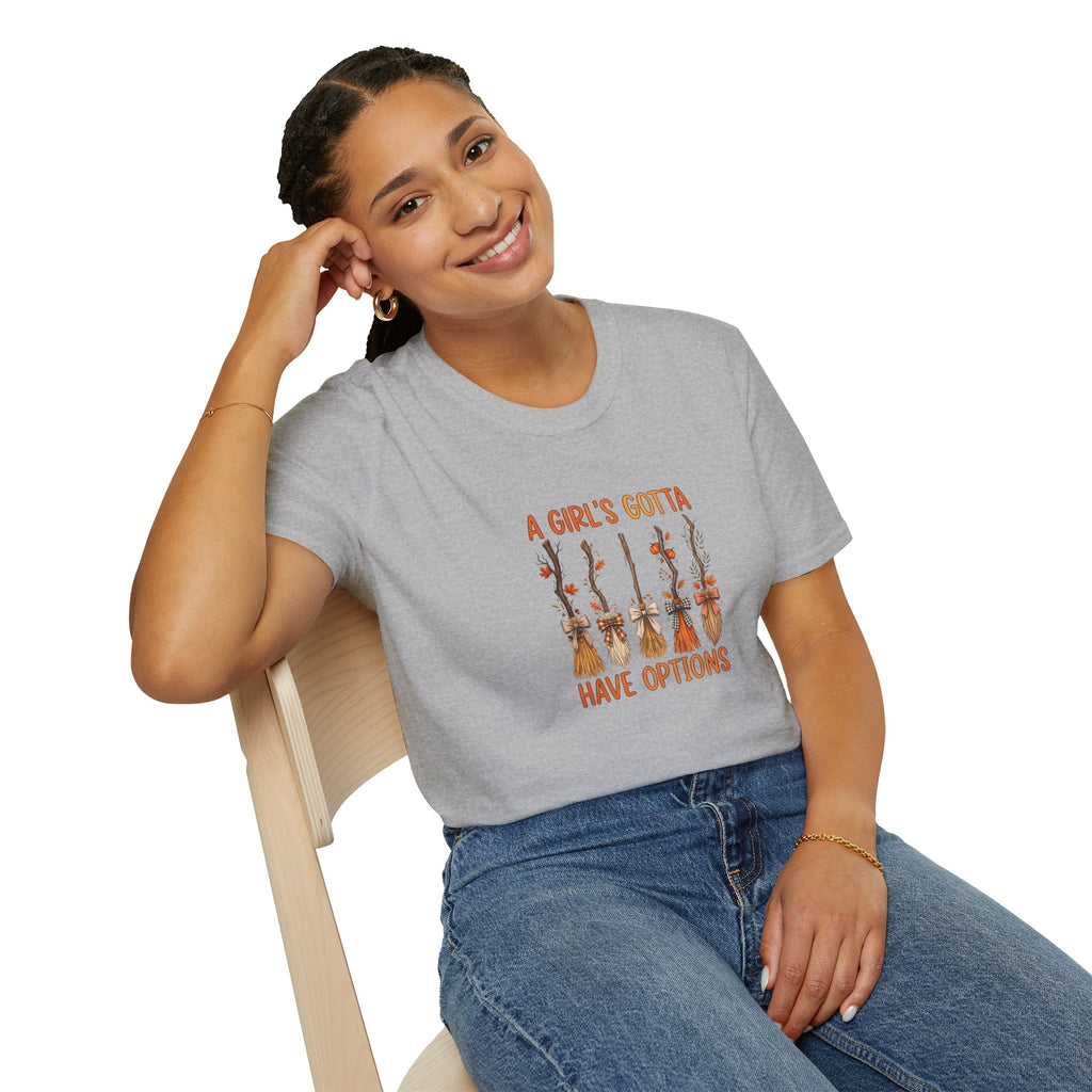 A Girl's Gotta Have Options Witch Brooms T-Shirt — Funny Halloween Gift for Women
