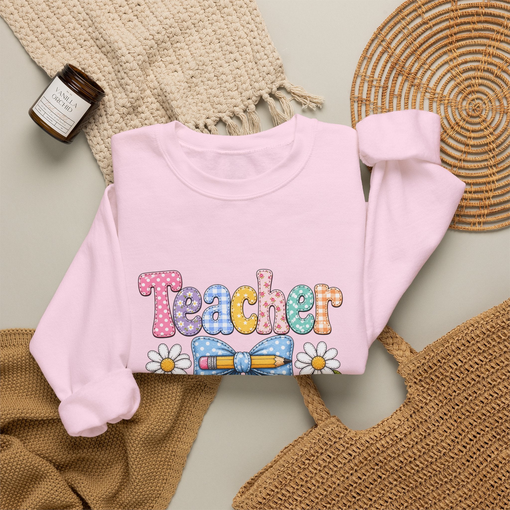 Teacher Floral Bow Sweatshirt — Cute Pastel Gift for Teachers Appreciation Crewneck